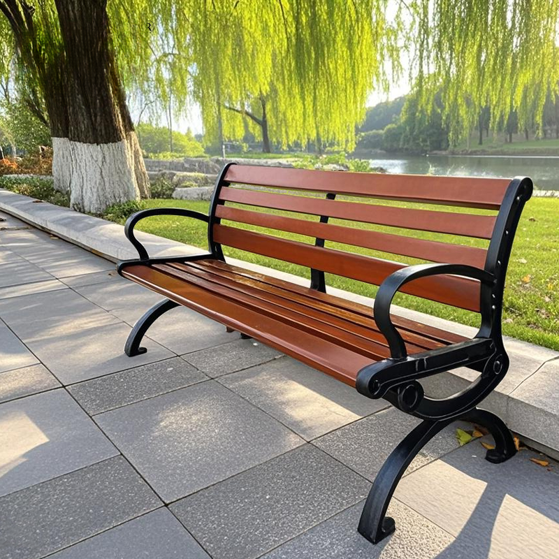Simple Outdoor Bench with Laminate Sepia Finish, Backrest, and Curved Arm