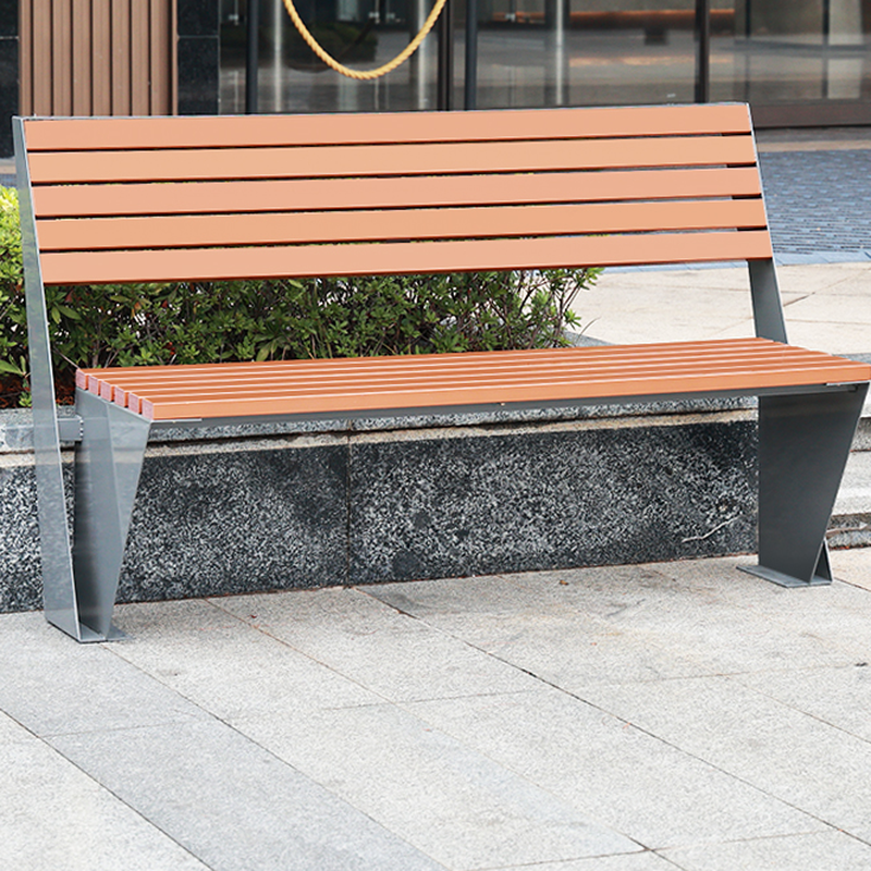 Simple Outdoor Bench in Tan with Back and Metal Frame