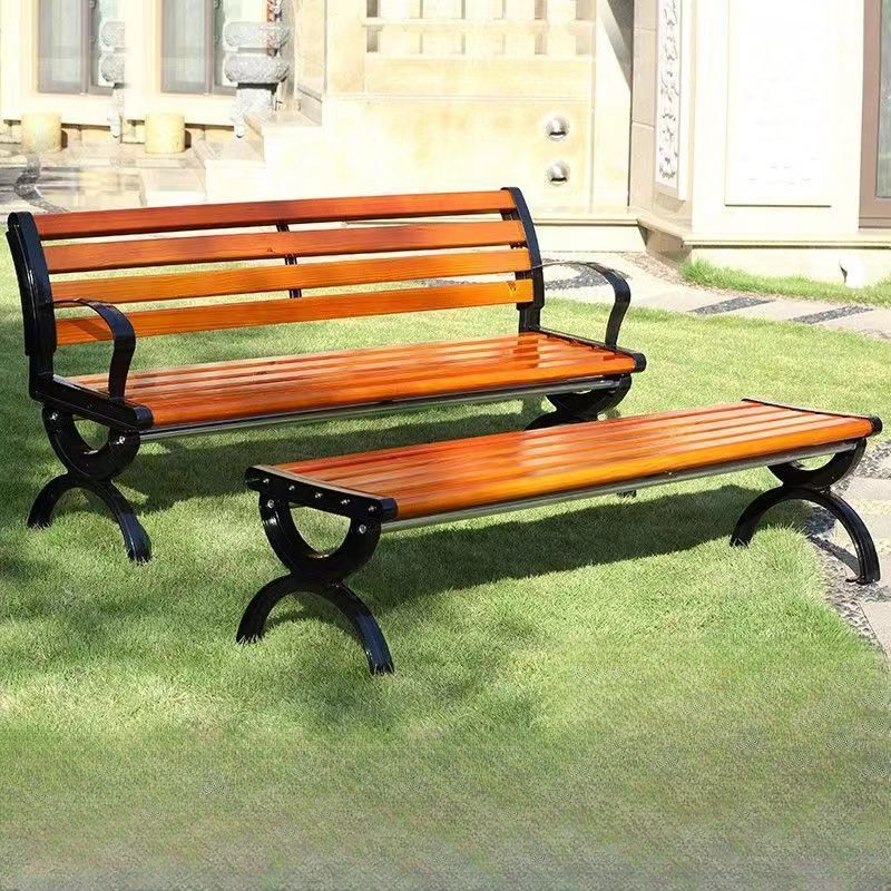 Simple Outdoor Bench with Orange Laminate, Back, and Curved Arm