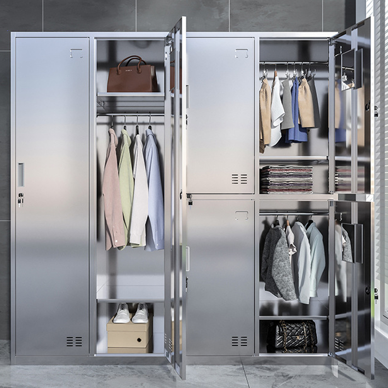 Silver Stainless Alloy Gym & Locker Room Lockers with 5-layer/4-layer Key Locking Mechanism and Louvered Door, 3-Wide/2-Wide Compartments, Name & Number Plate