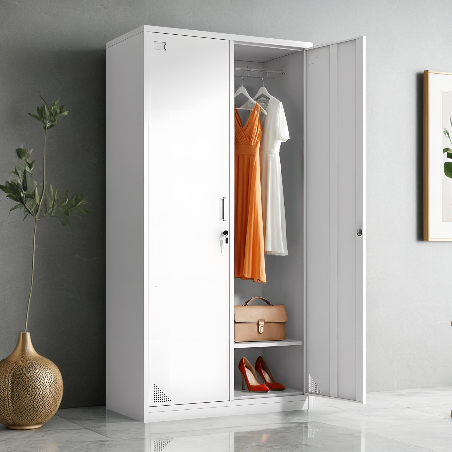 Light Gray Steel Gym & Locker Room Lockers with Shoe Storage, Key Locking Mechanism, Louvered Doors, Lockable, 4-Wide