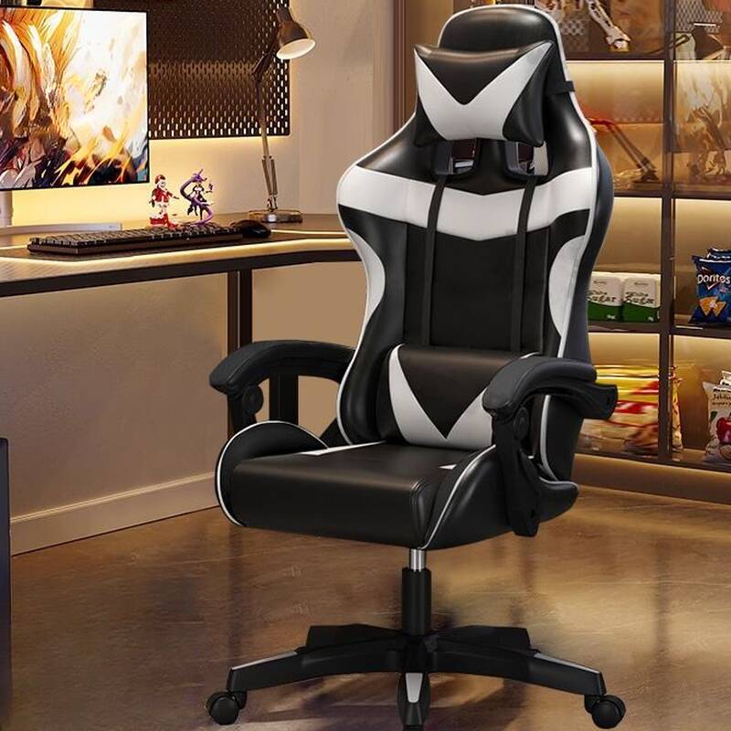 Swivel Lifting Midnight Black/Pink Task Chair with Headrest, Adjustable Back Angle, Pillow, Nylon Frame and Lumbar Support