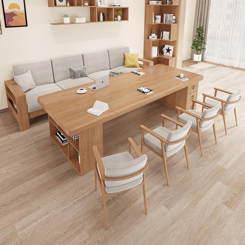 Simplistic Rectangle Timber Work Desk with Natural Colour Table Top, Compartment Drawers, and Exterior Storage Units