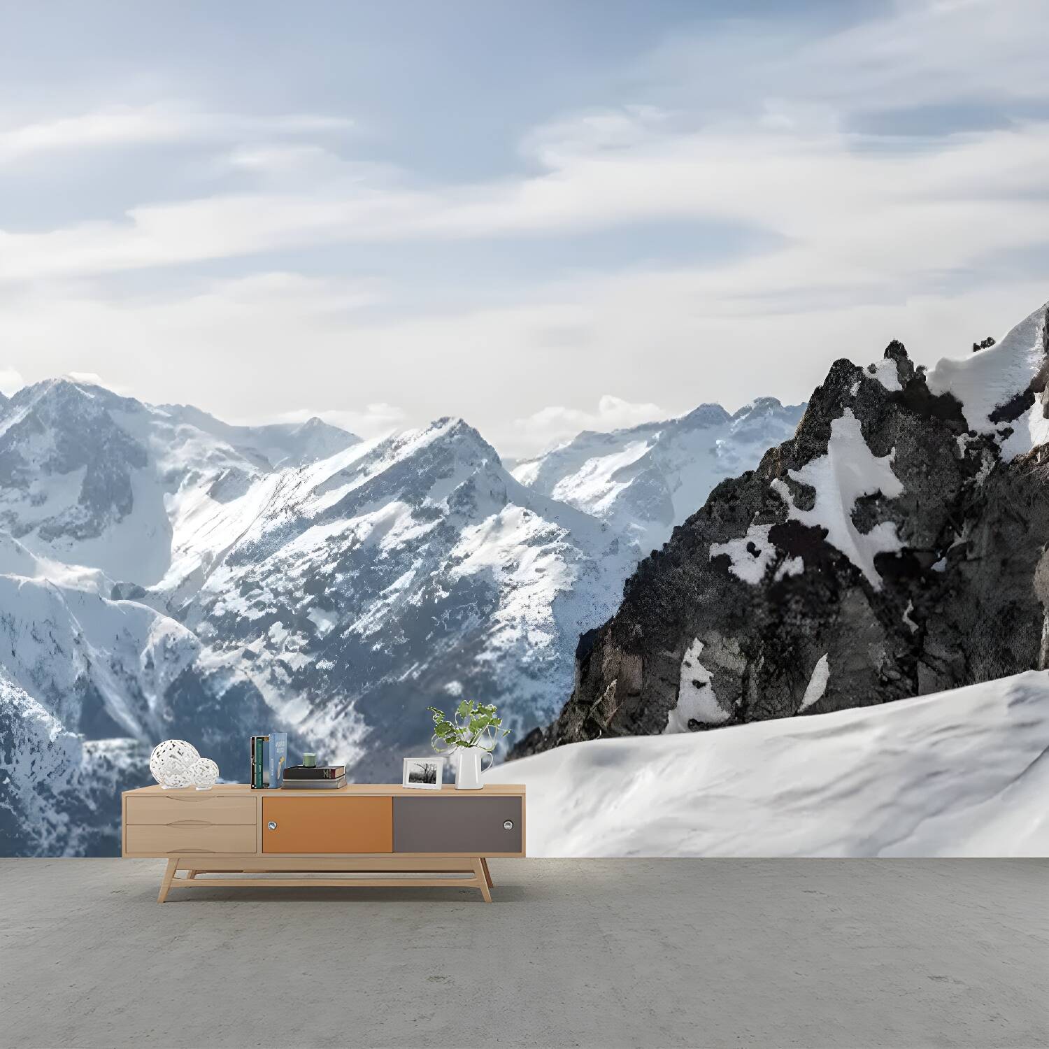 Modern Snowy Mountain Range Murals Blue and White Winter Landscape Wall Covering