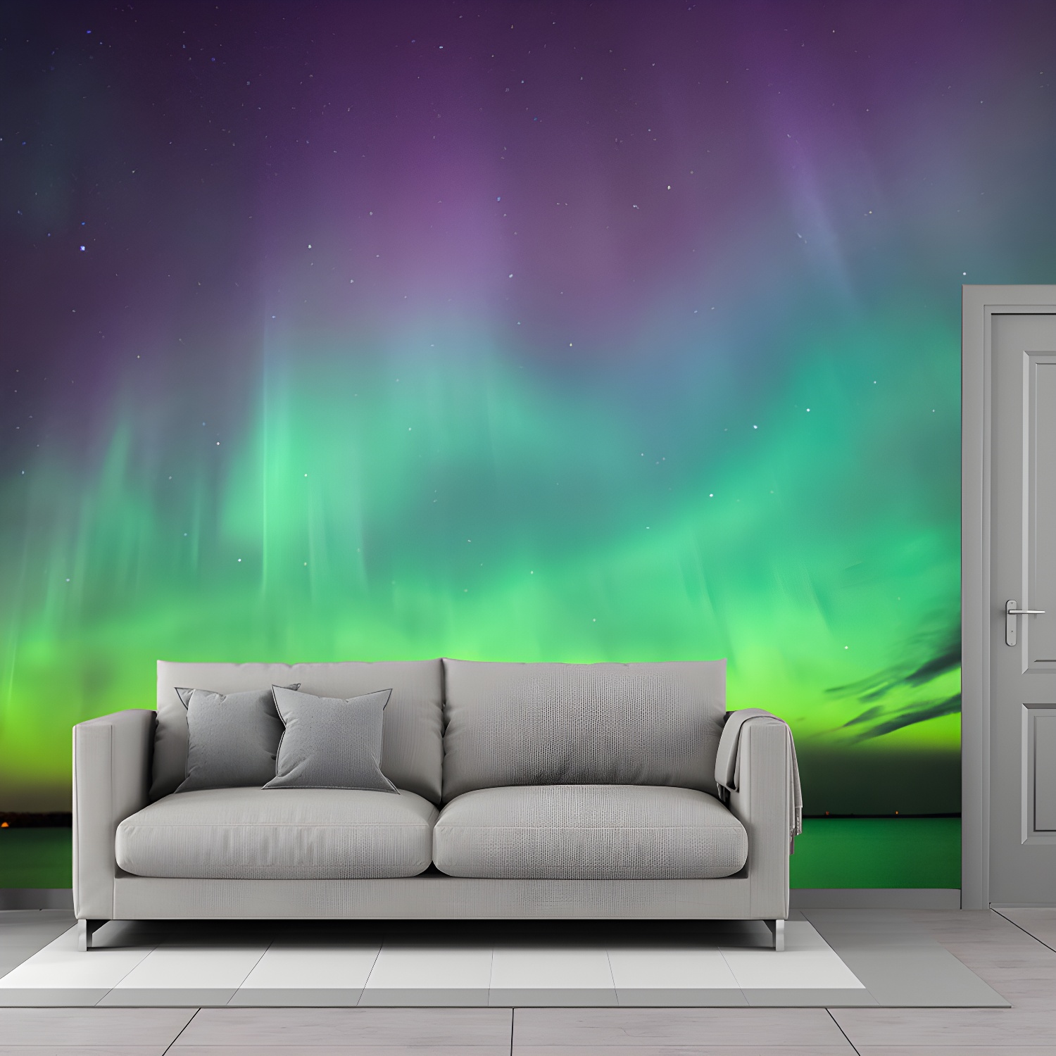 Draping Aurora over Lake Mural Wallpaper Purple-Green Nordic Wall Decor for Living Room