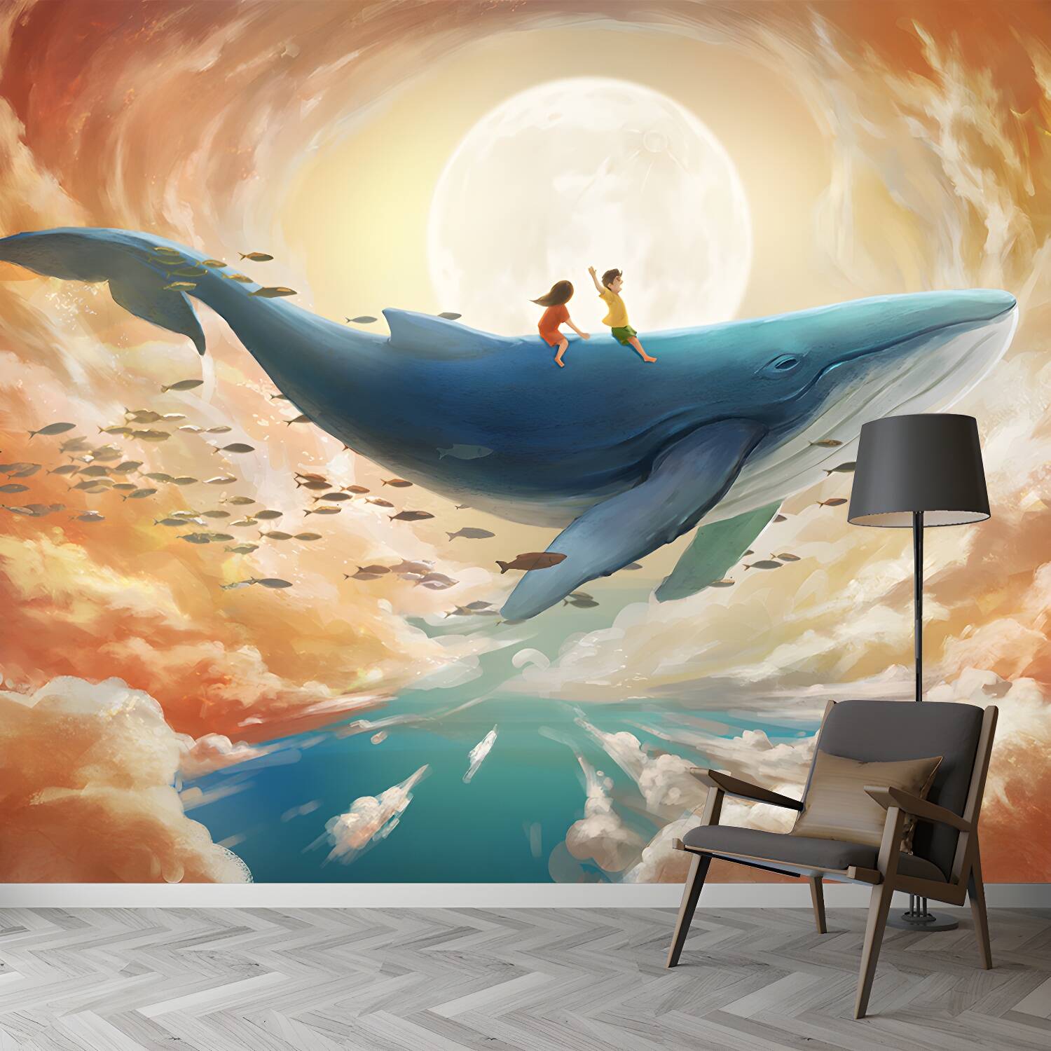 Smooth Whole Yellow-Blue Mural Childrens Art Kids Trip with Whale Under Super Moon Wall Covering, Custom Made