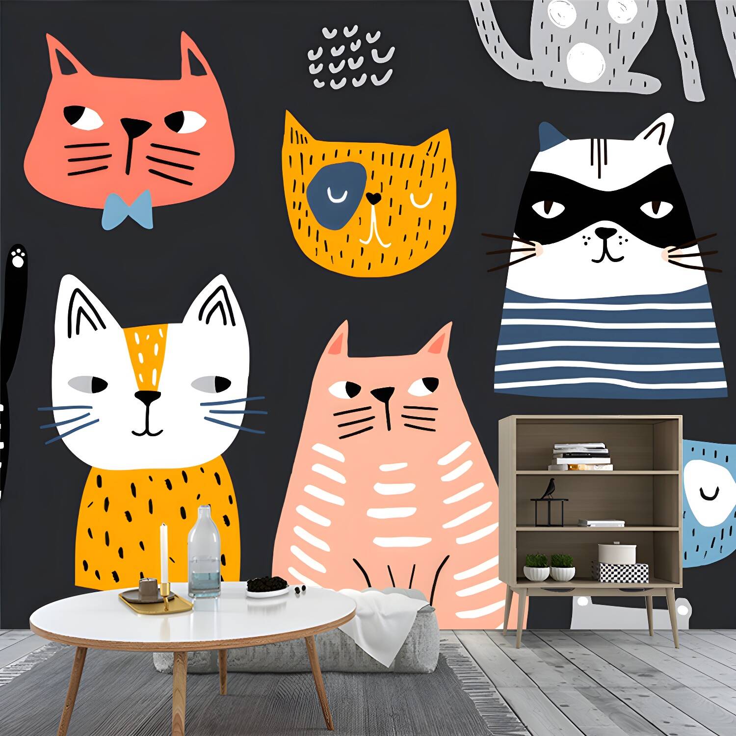 Childrens Art Cat Mural Wallpaper Multicoloured Nursery Wall Art on Black, Made to Measure
