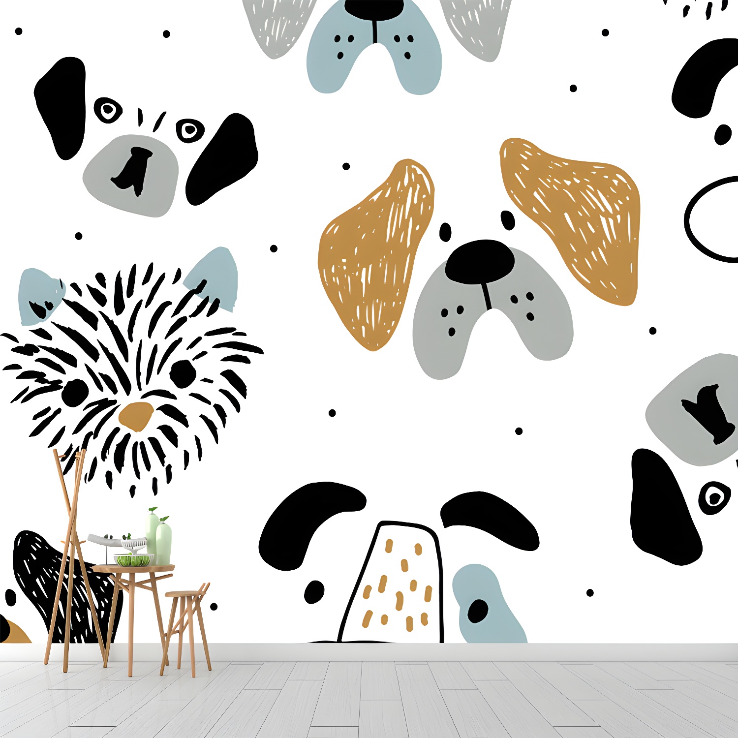 Big Dogs Mural Wallpaper Cartoon Cute Animal Print Wall Art in Black-Orange on White