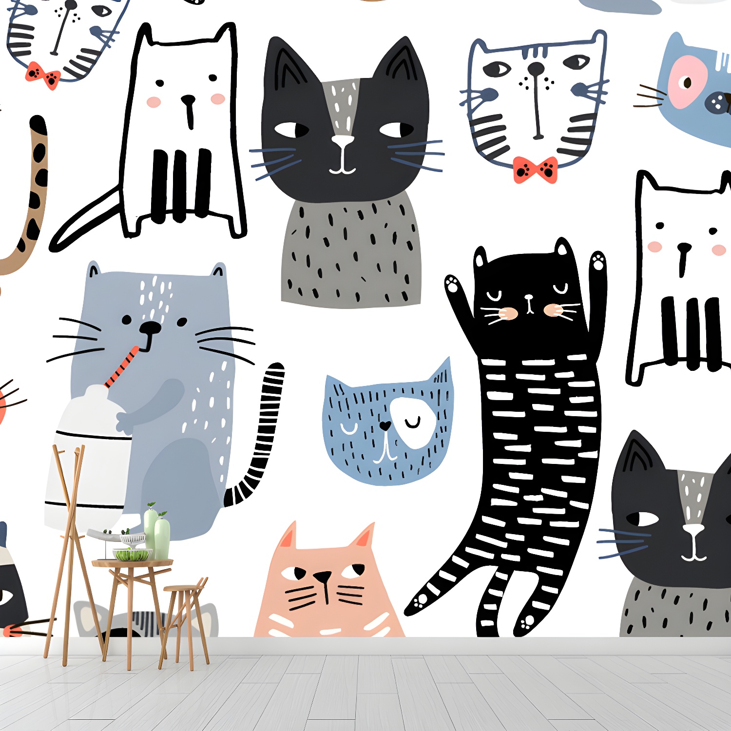 Multicoloured Kitten Mural Decal Water-Proof Cartoon Baby Room Wall Decor on White