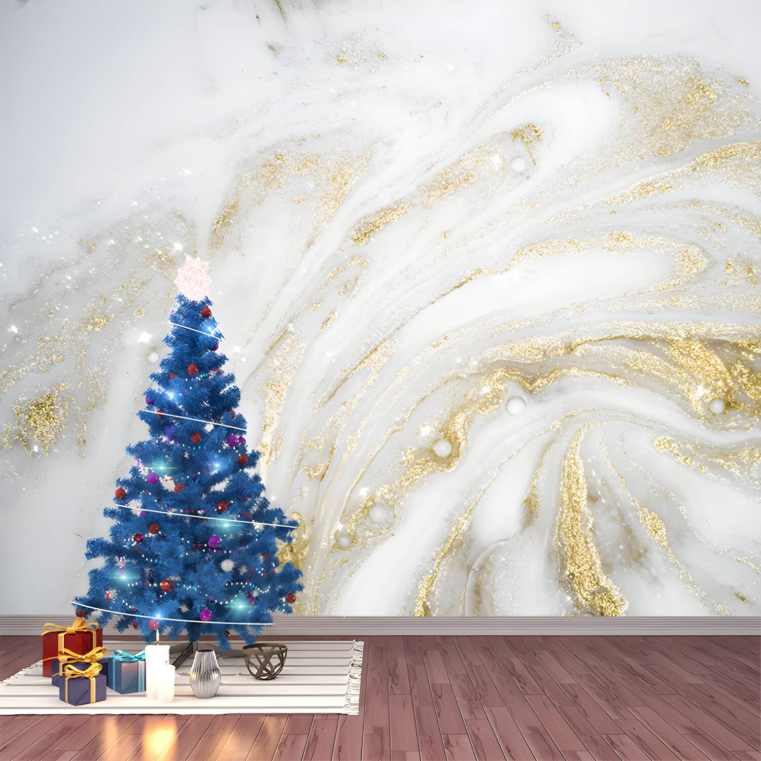 White-Gold Modernist Mural Decal Whole Jewel and Sequins Effect Wall Decor for Living Room