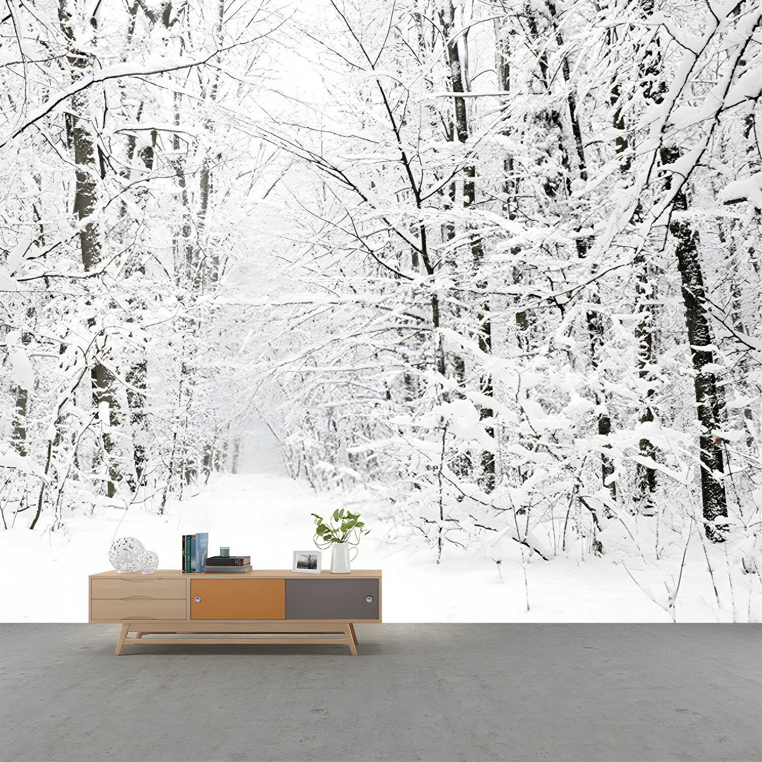 White Snowy Leafless Trees Mural Winter Scene Modern Moisture Resistant Wall Art