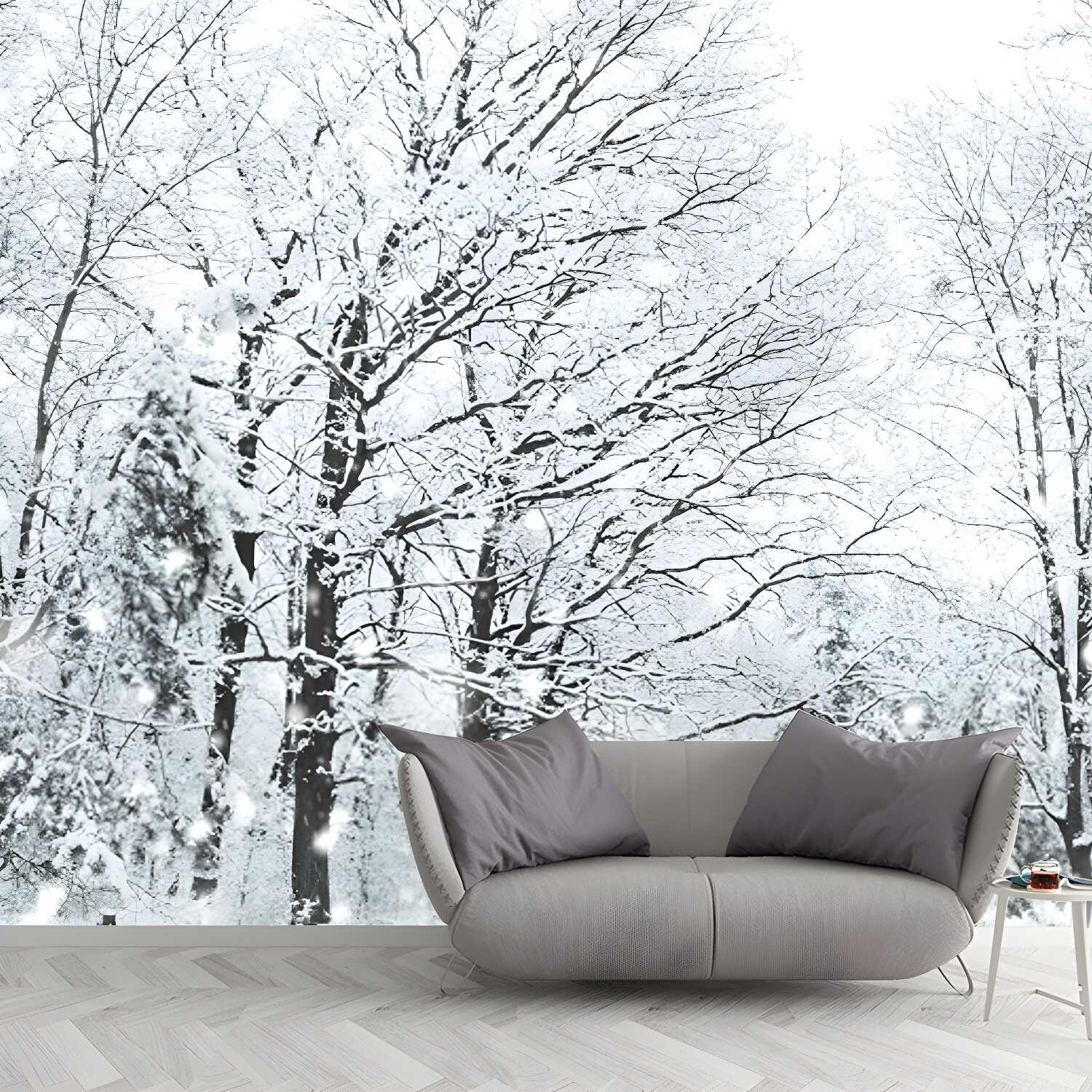 Custom Photo-Print Modern Mural with Bare Trees and Snow Landscape Pattern in White