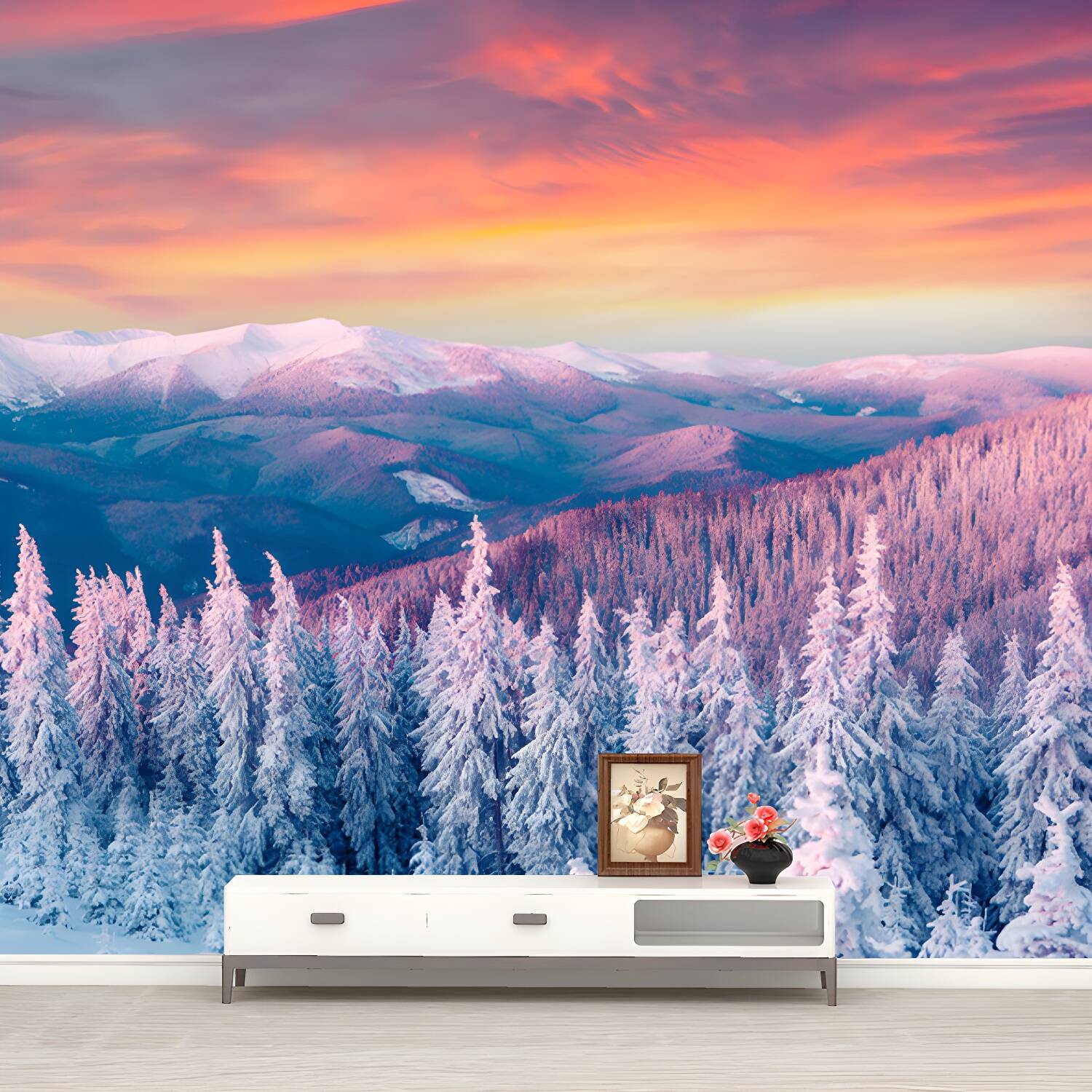 Orange Evening Glow Wall Mural Snowy Cypress Mountains Modern Waterproof Wall Covering