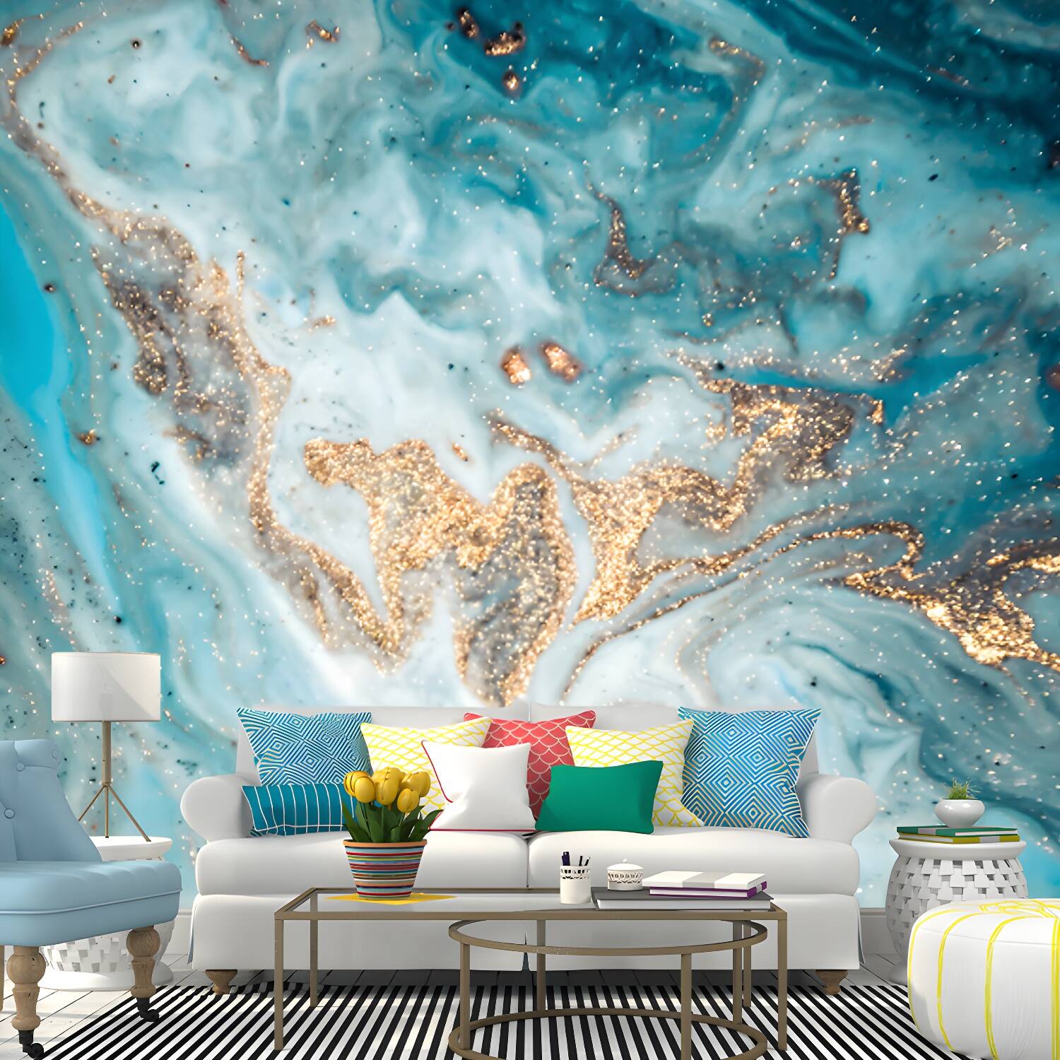 Illustration Sea Wave Wall Mural Decal Full Size Wall Art for Living Room, Custom Print