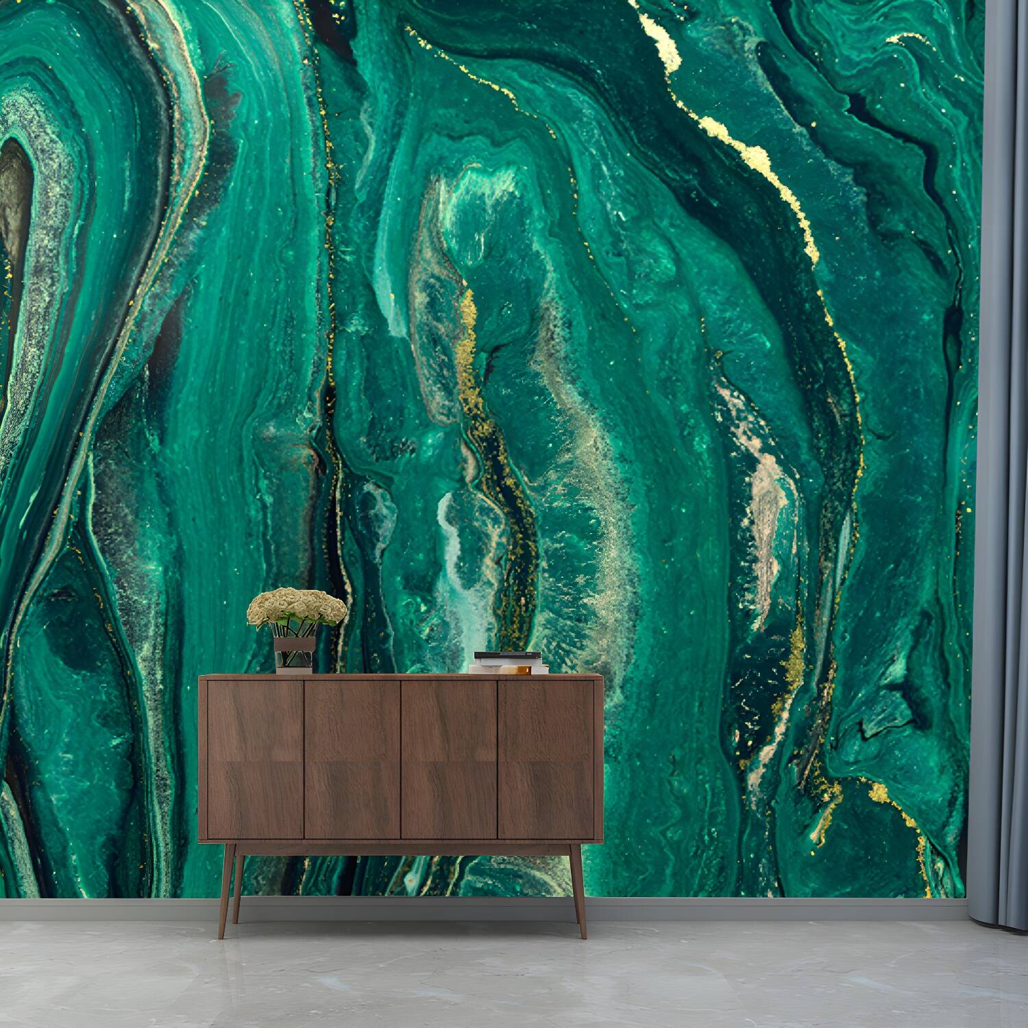 Abstract Flows Wallpaper Mural Tropical Smooth Wall Covering in Green for Bedroom