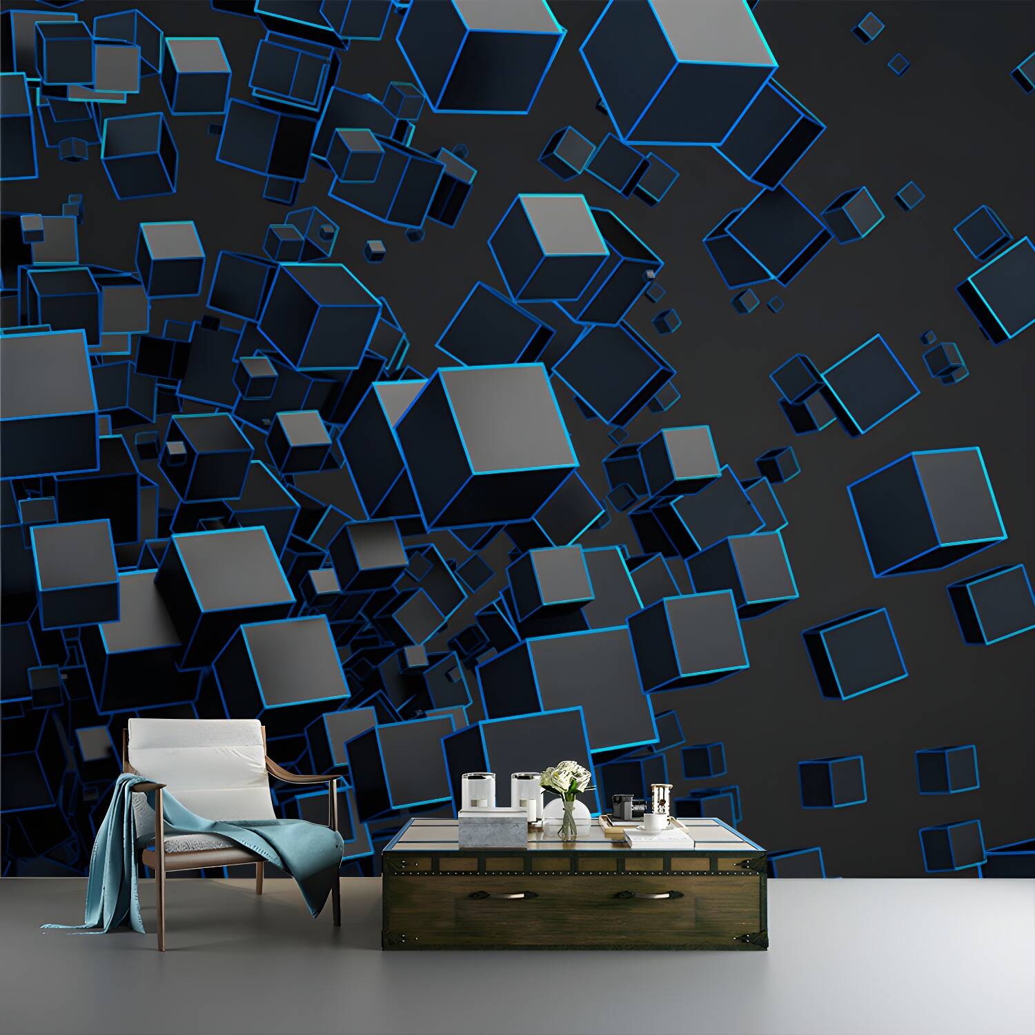 Black Cubes Mural Wallpaper 3D Effect Modern Waterproofing Wall Decor for Bedroom