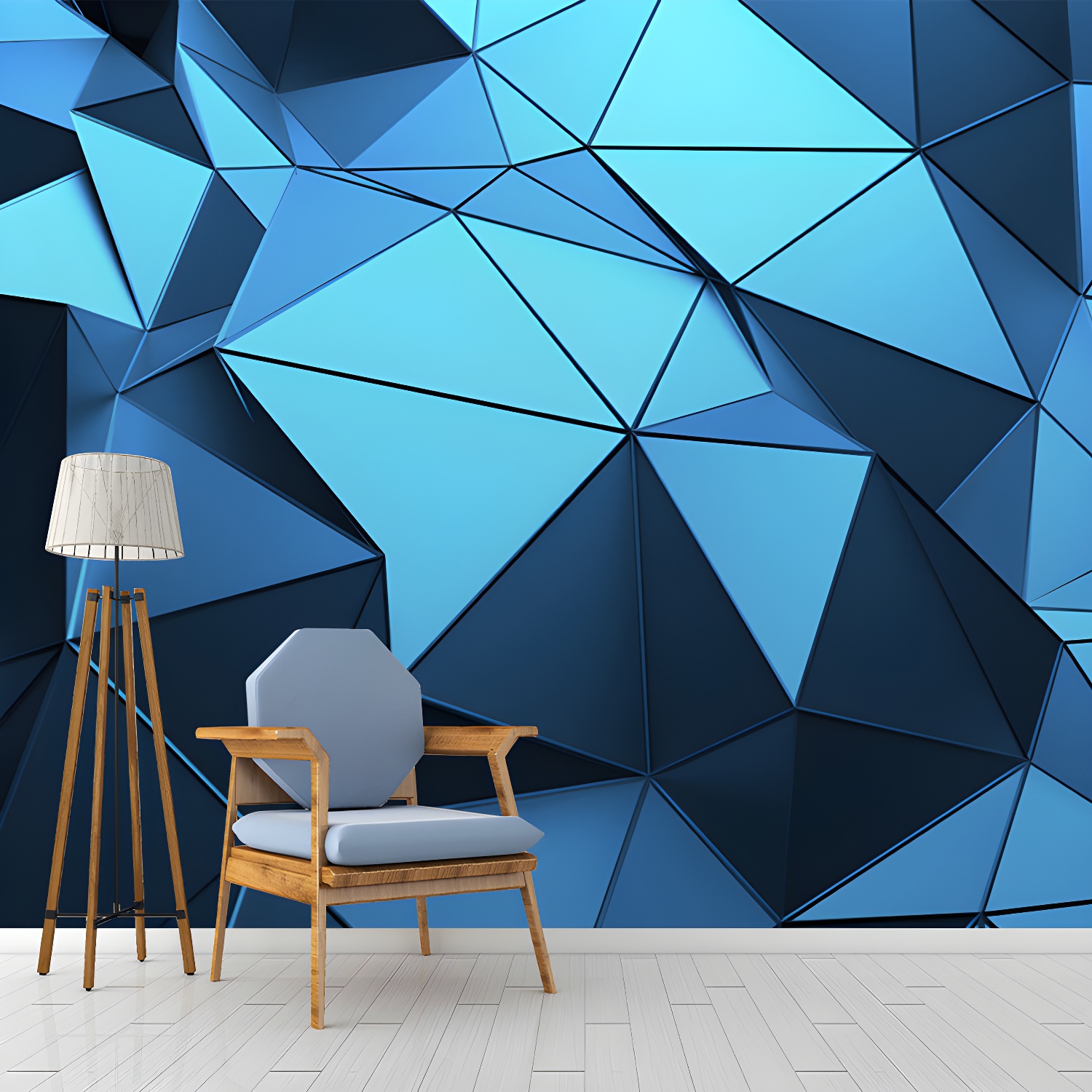 Whole Panels Mural Wallpaper 3D Seamless Geometric Wall Covering in Blue for Living Room