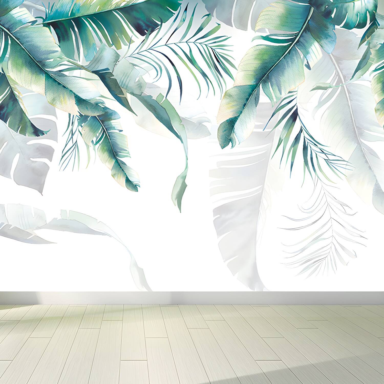 Tropical Banana Leaves Mural Soft Colour Living Room Wall Art, Custom Size Available