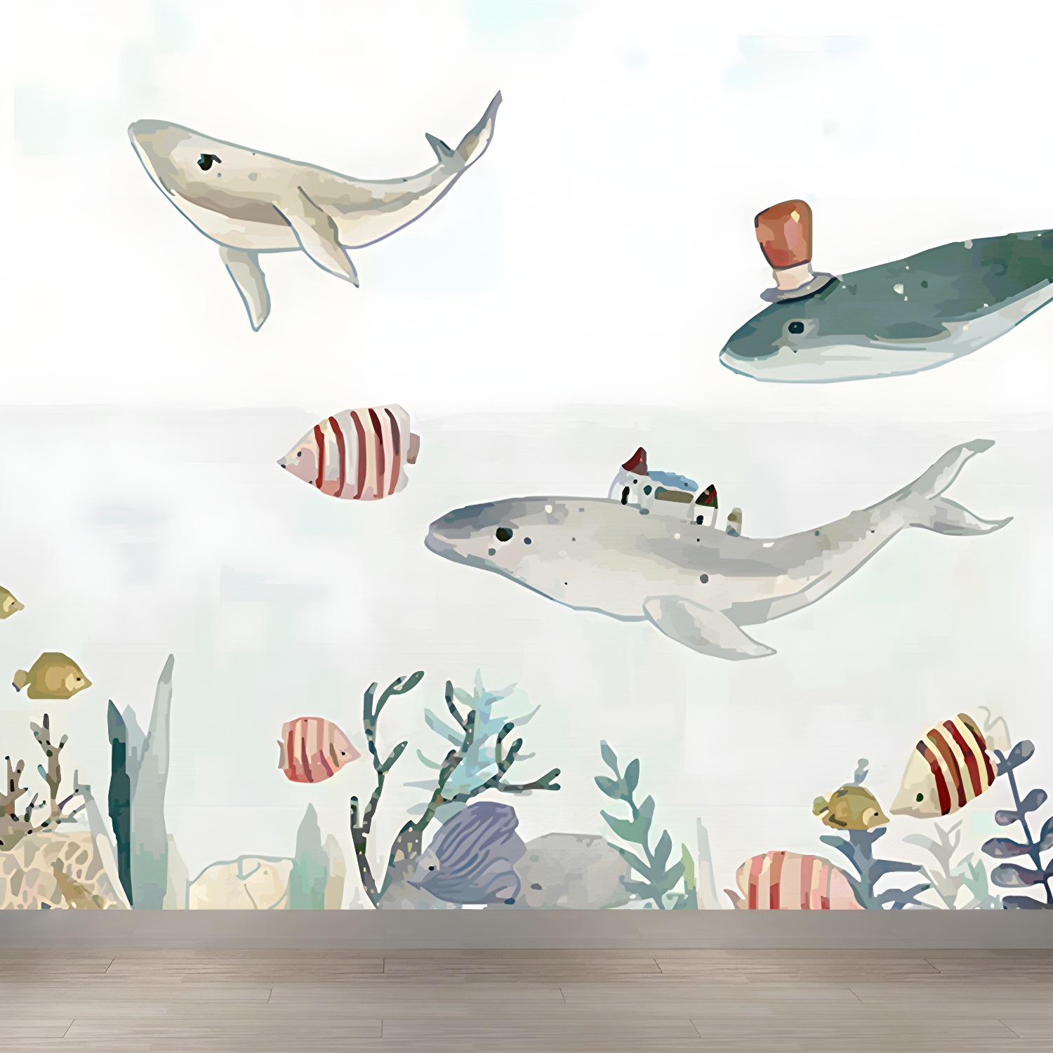 Great Whale and Sea Mural Wallpaper Children's Art Non-Woven Material Wall Covering
