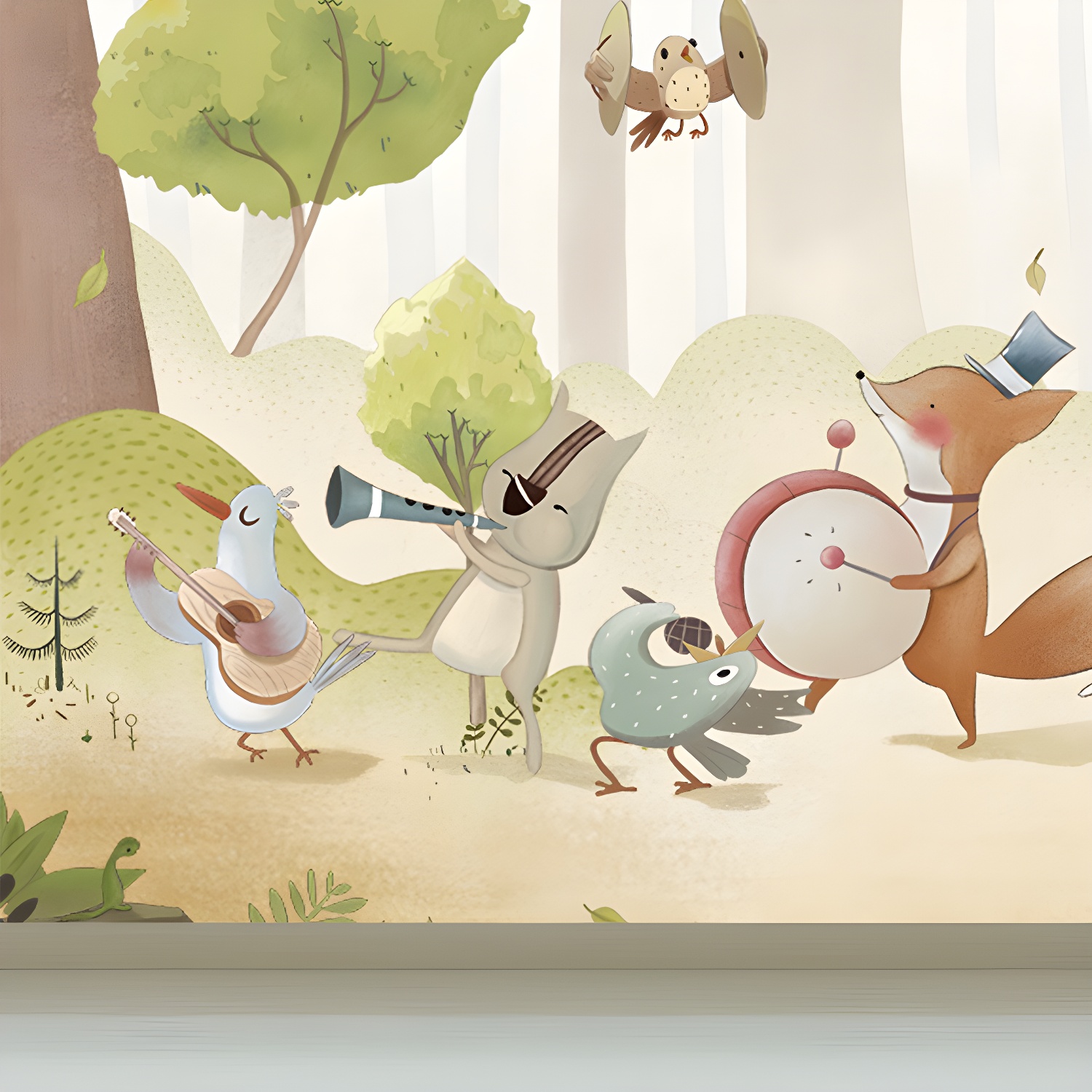 Customised Illustration Kid's Style Mural Wallpaper with Cartoon Animals in Light Colour