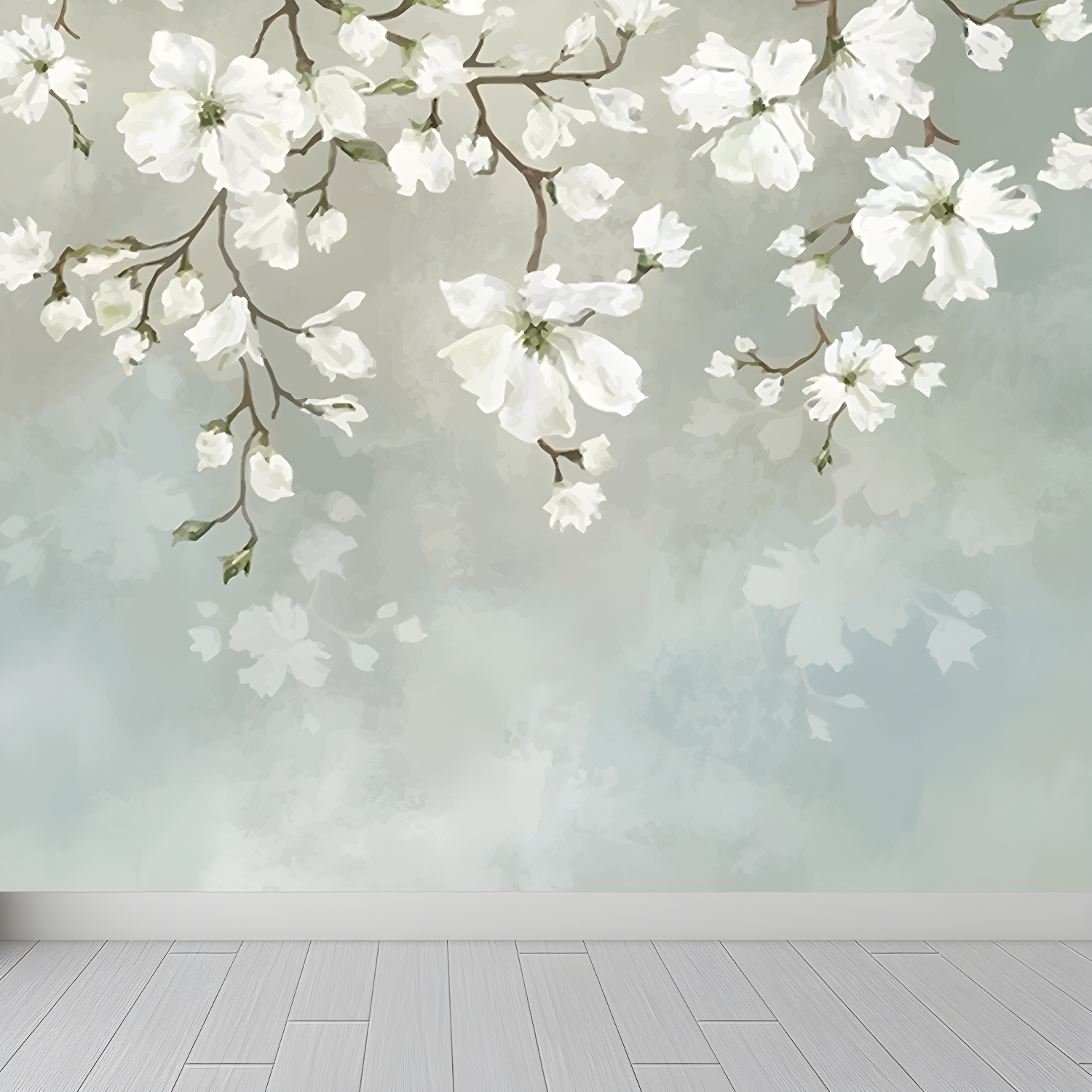 White Blossoming Flower Wallpaper Mural Moisture Resistant Wall Art on Blue for Home