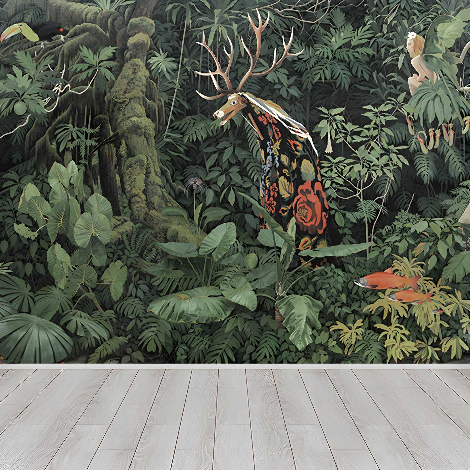 Tropical Jungle Savage Wall Mural Green Water Resistant Wall Covering for Living Room