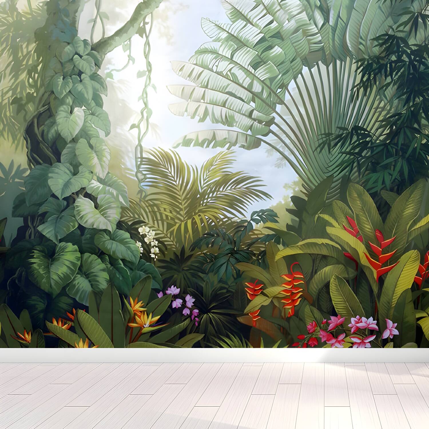 Tropical Botanics Wallpaper Mural Green Stain Resistant Wall Art for Living Room