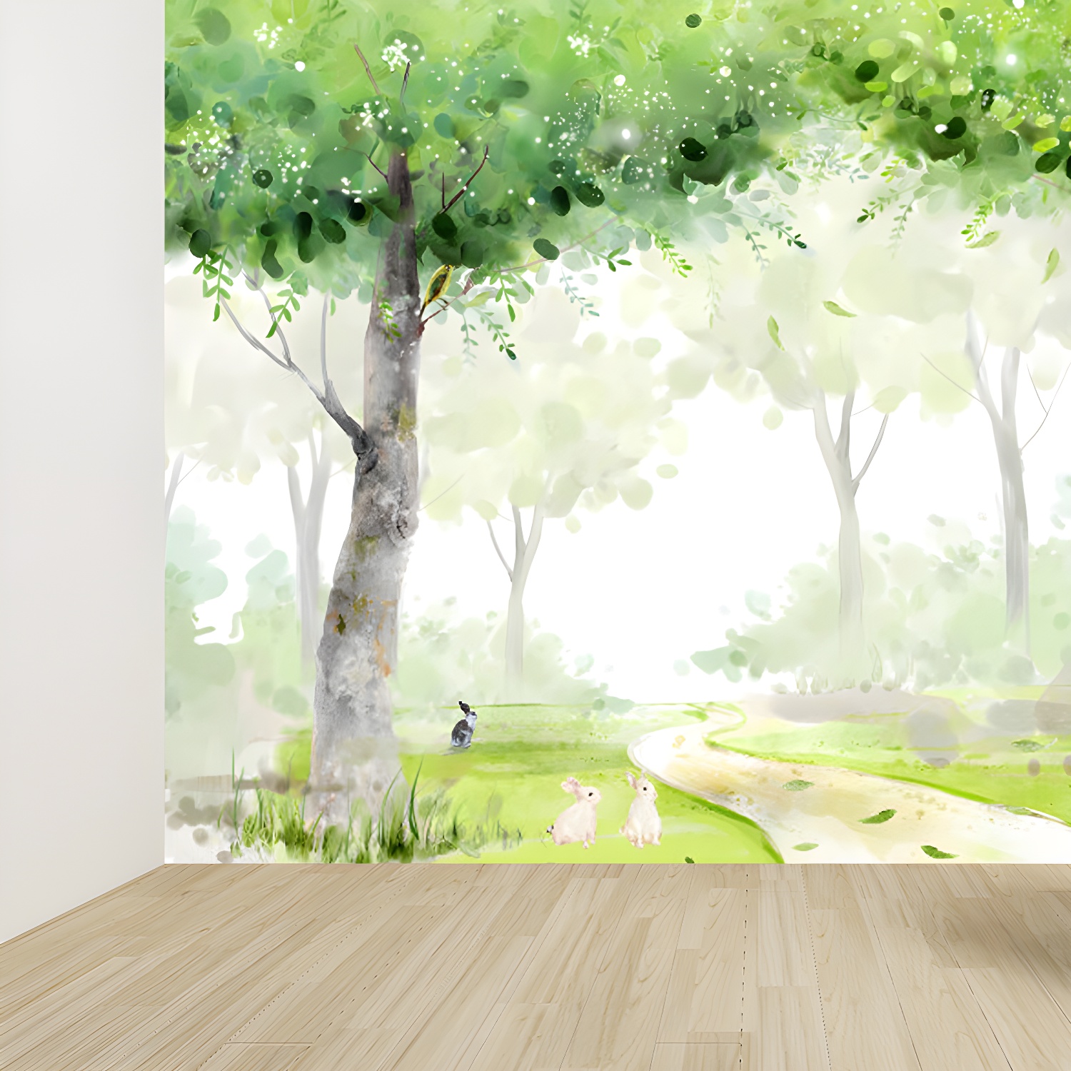 Green Forest Path Mural Wallpaper Moisture Resistant Modern Child Bedroom Wall Covering