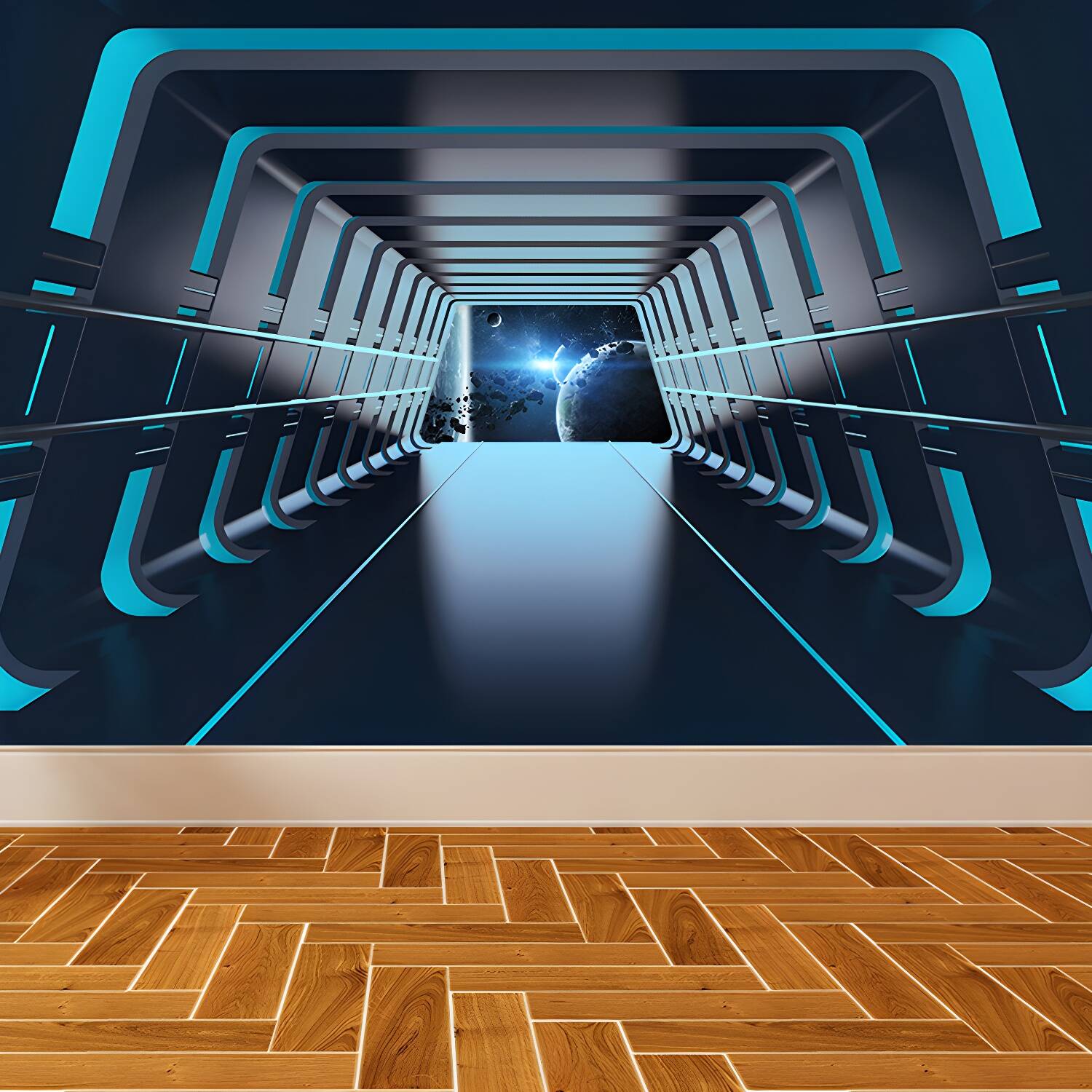 Futuristic Spaceship Hallway Mural Decal for Living Room Personalized Wall Art in Bright Colour