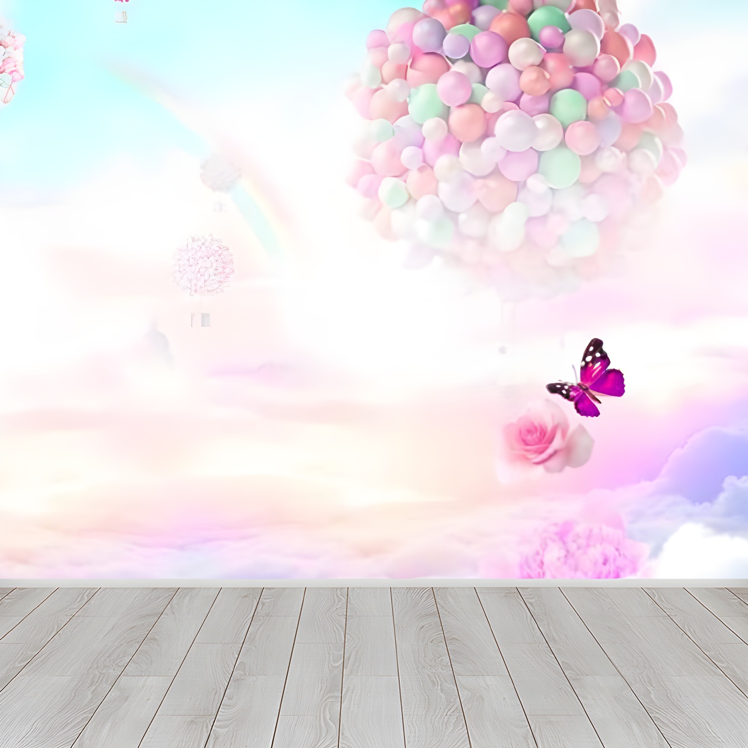 Big Hot Air Balloon Mural Wallpaper Childrens Art Dreamy Heaven Wall Covering in Pink