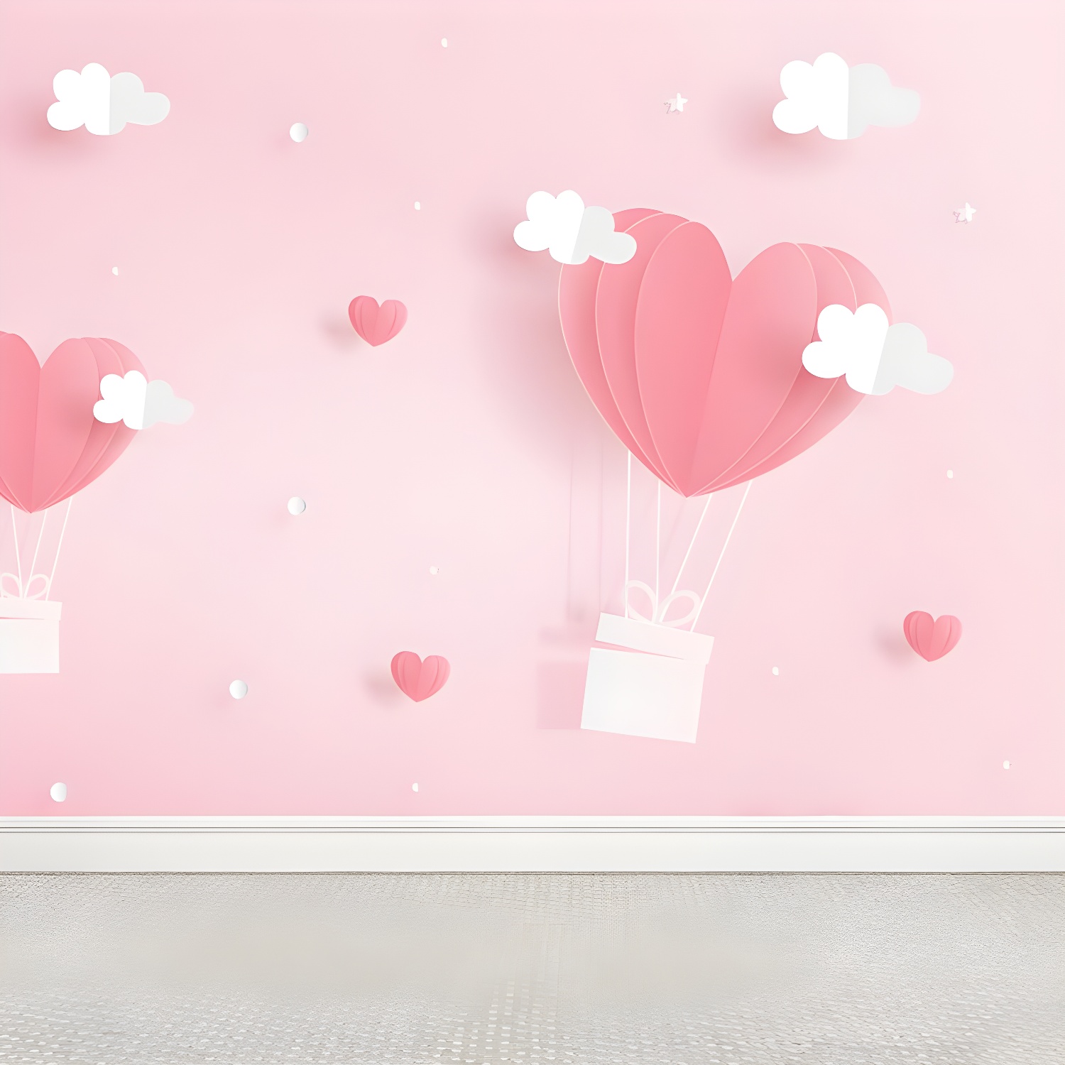Full Size Cartoon Mural Wallpaper Pink Heart-Shaped Hot Air Balloon Wall Decor, Custom Print