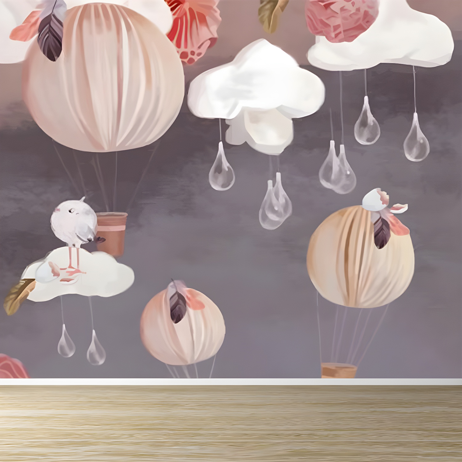 Hot Air Balloon Wallpaper Mural Grey Cartoon Wall Covering for Childrens Bedroom
