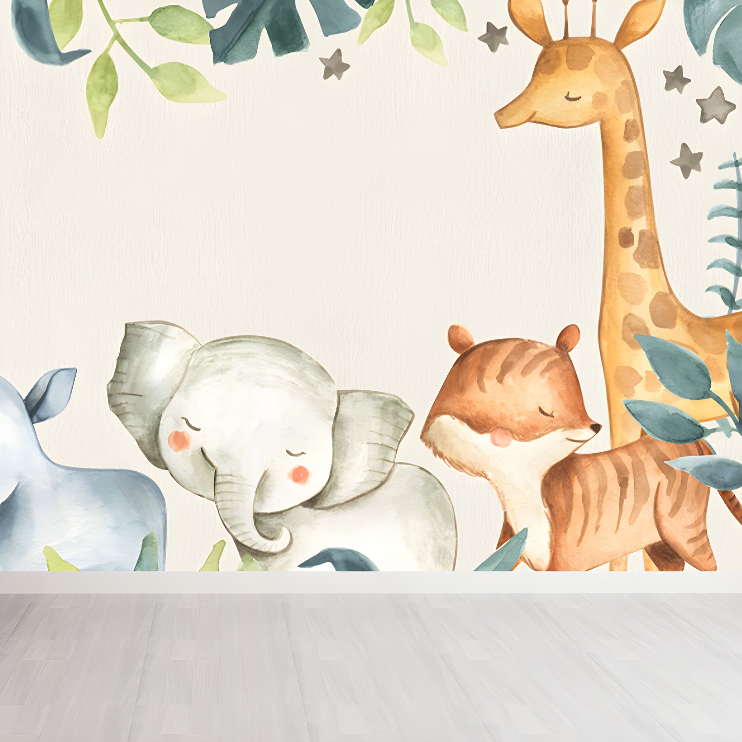 Cartoon Animals Wallpaper Mural for Baby Room Personalized Size Wall Decor in Beige