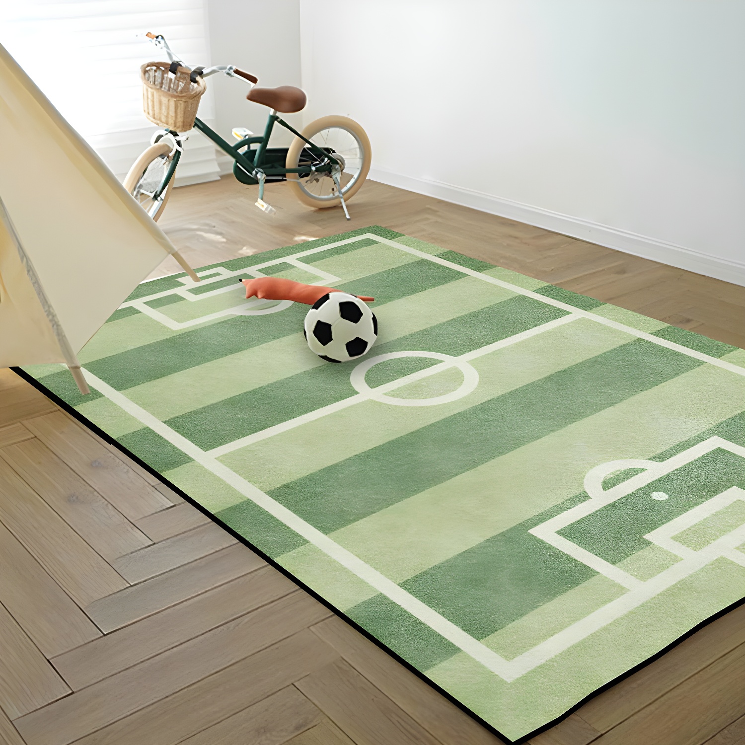 Creative Football Field Pattern Rug Green Kids Rug Polyester Pet Friendly Washable Non-Slip Area Rug for Decoration