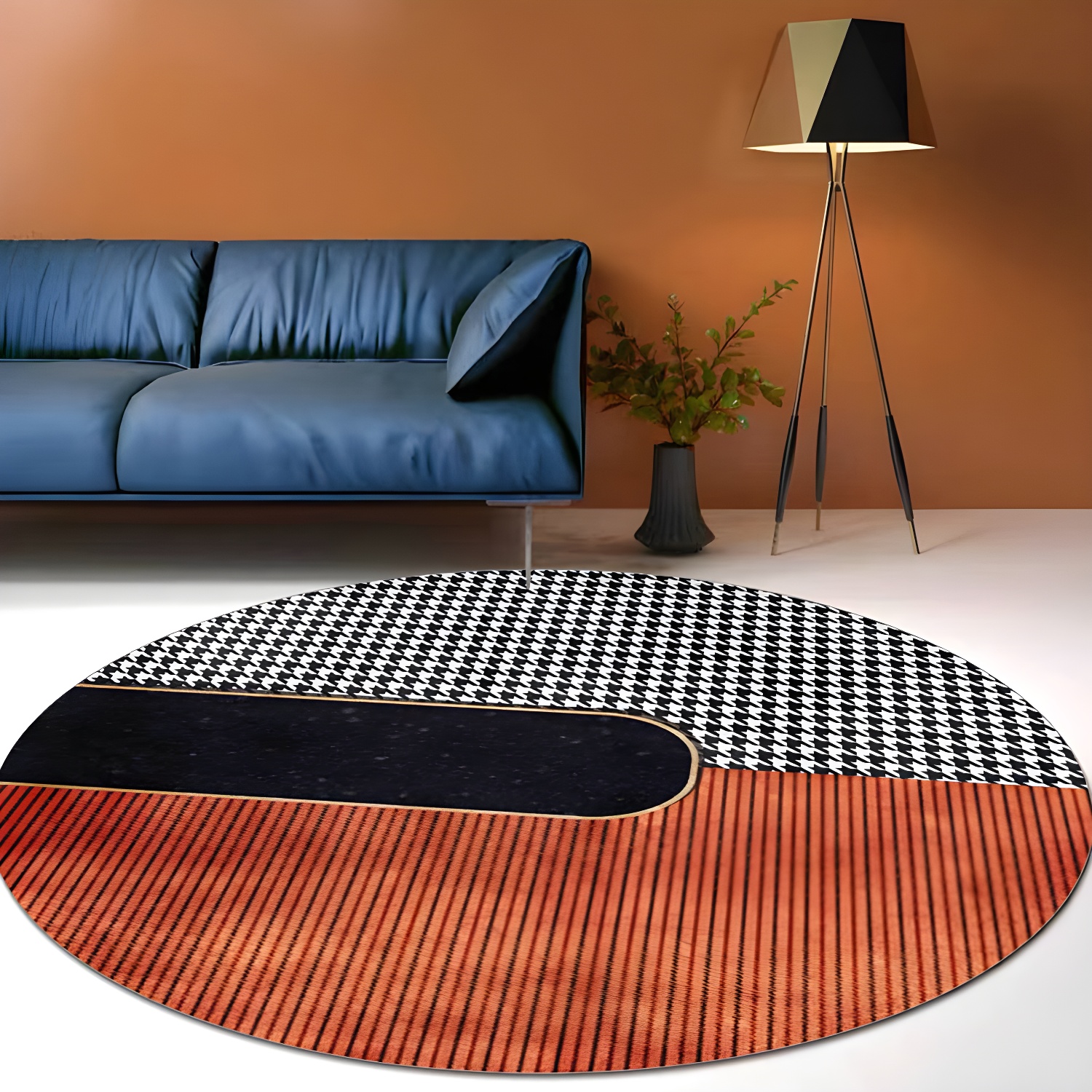 Orange Houndstooth Pattern Rug Polyester Minimalist Rug Pet Friendly Washable Non-Slip Area Rug for Living Room