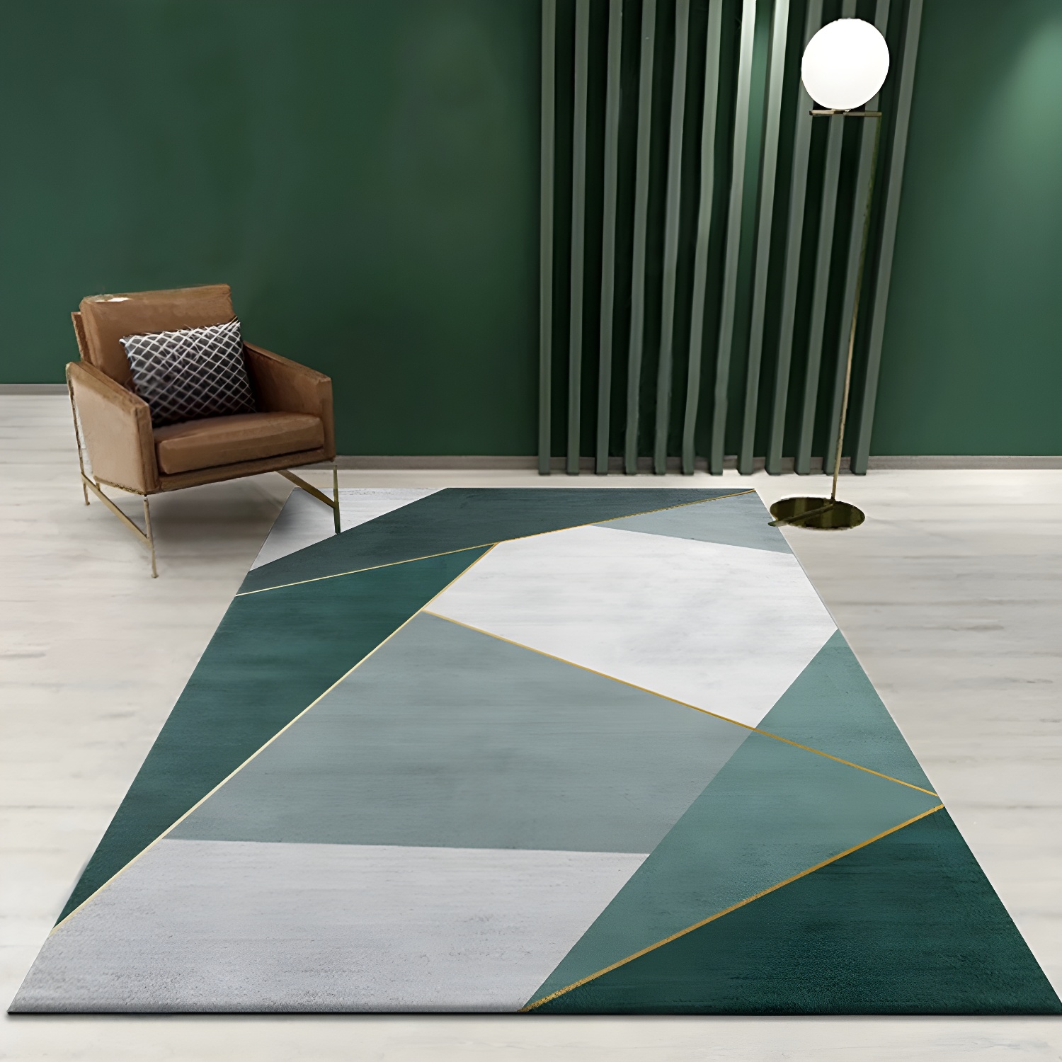 Green Geometric Pattern Rug Polyester Minimalist Rug Pet Friendly Washable Non-Slip Area Rug for Living Room