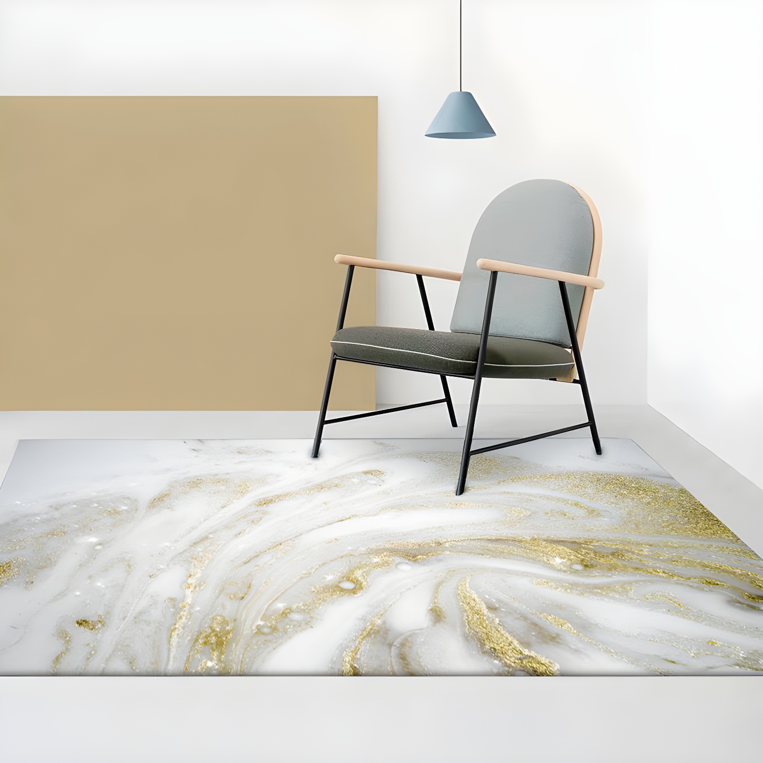 Unique Abstract Rug Gold Novelty Rug Polypropylene Pet Friendly Washable Non-Slip Area Rug for Home