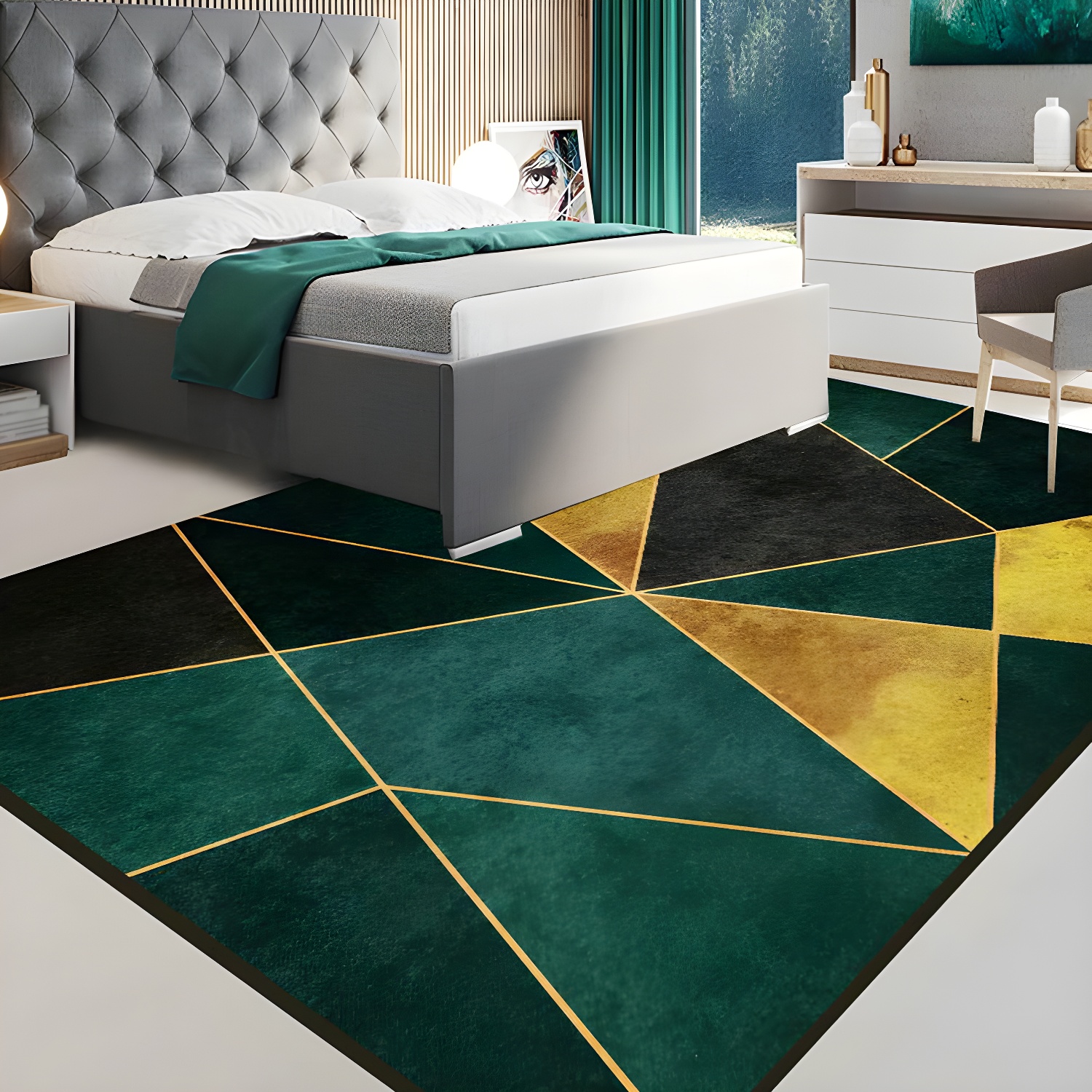 Green Nordic Rug Synthetics Geometric Pattern Rug Pet Friendly Washable Non-Slip Area Rug for Parlour