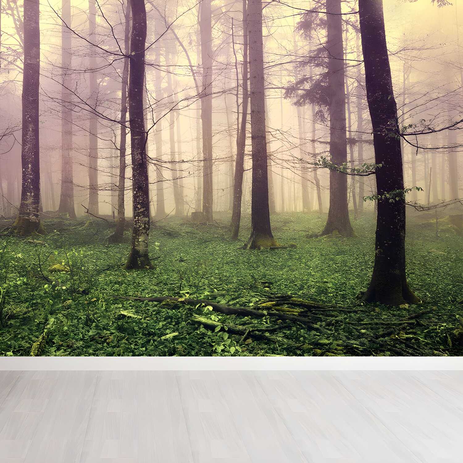 Big Foggy Forest Mural Decal Modern Mysterious Scenery Wall Covering in Pastel Colour