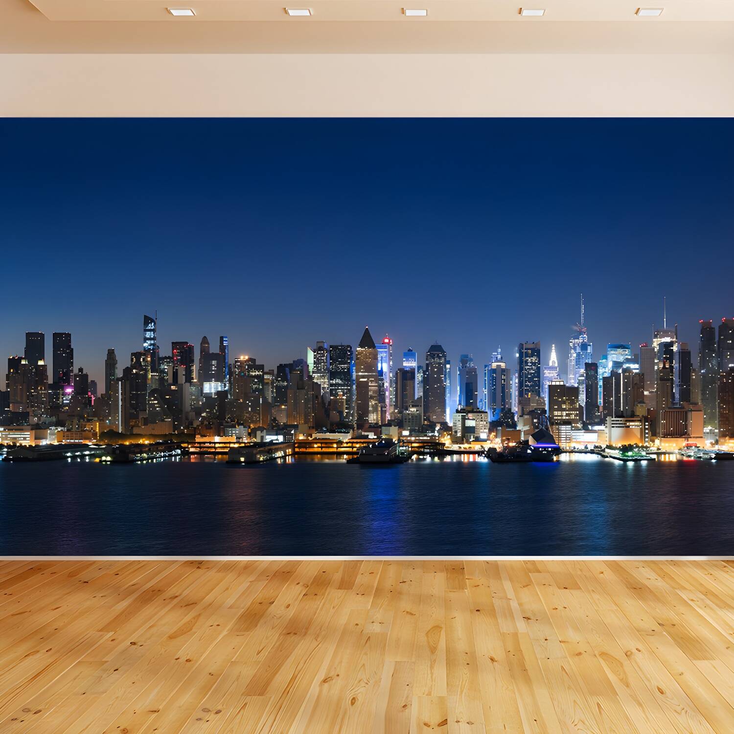 Photograph Night City Scenery Mural for Living Room, Dark Colour, Personalized Size