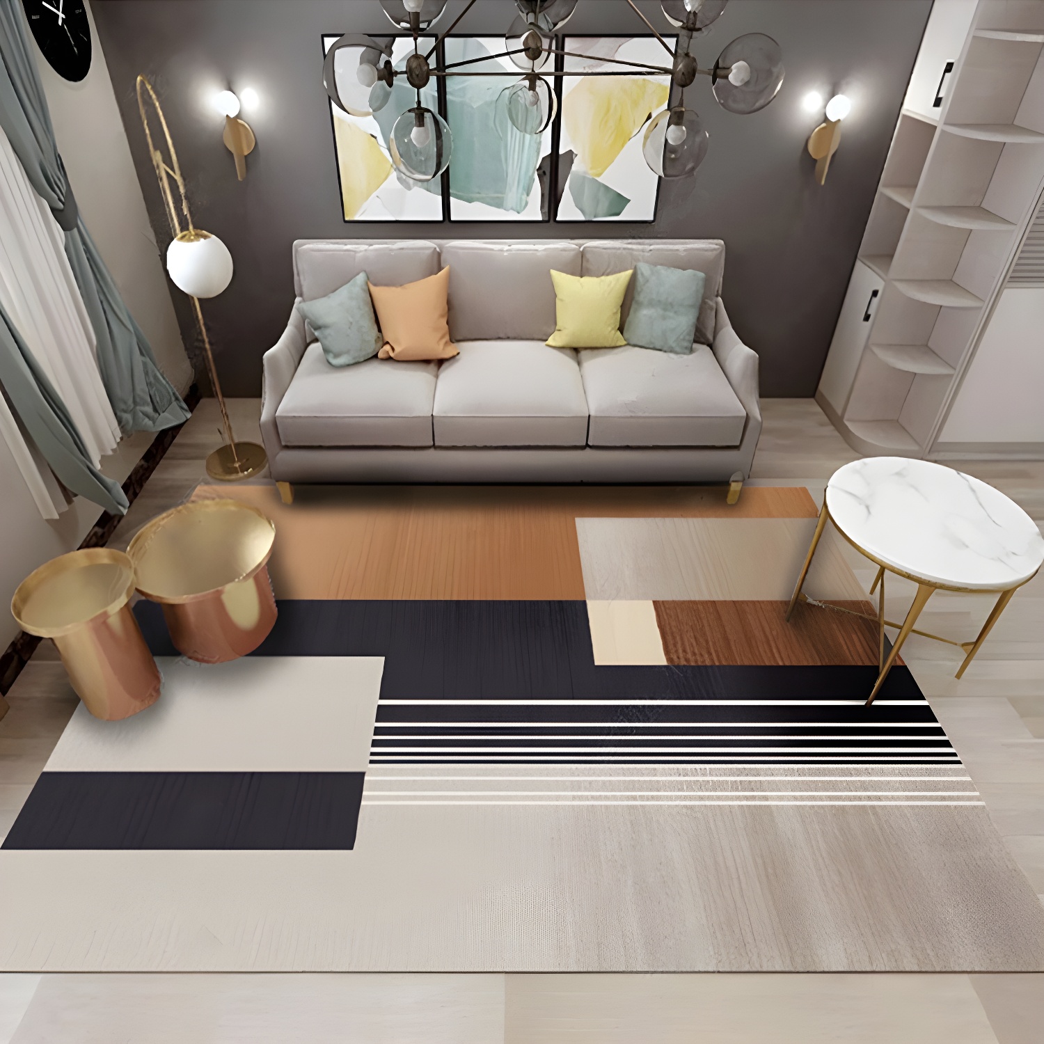 Simple Geometric Patterned Rug Multi Coloured Nordic Carpet Polypropylene Anti-Slip Backing Washable Area Rug for Decor