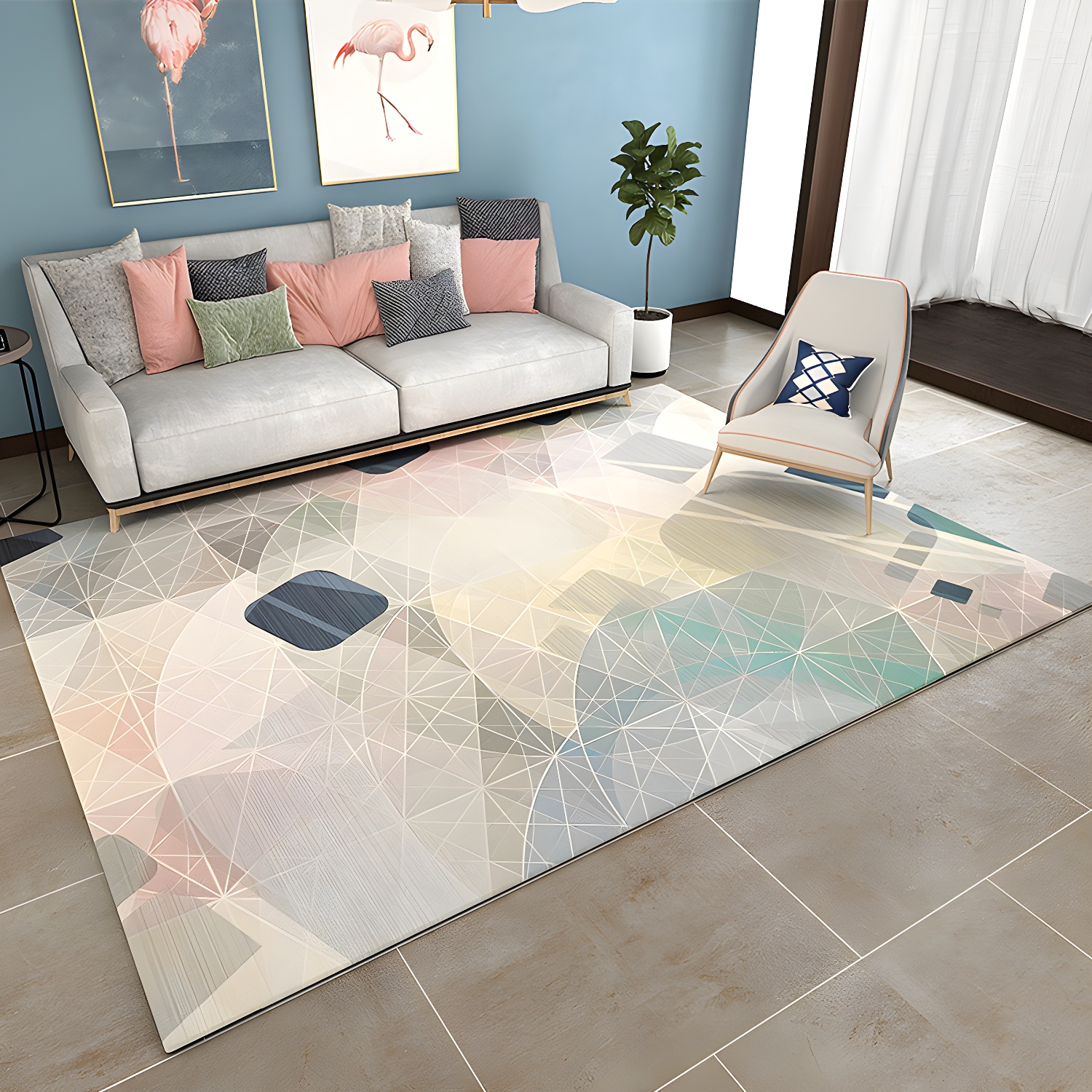 Asian Bedroom Rug Multicolour Geometric Print Area Carpet Polyster Easy Care Machine Washable Rug
