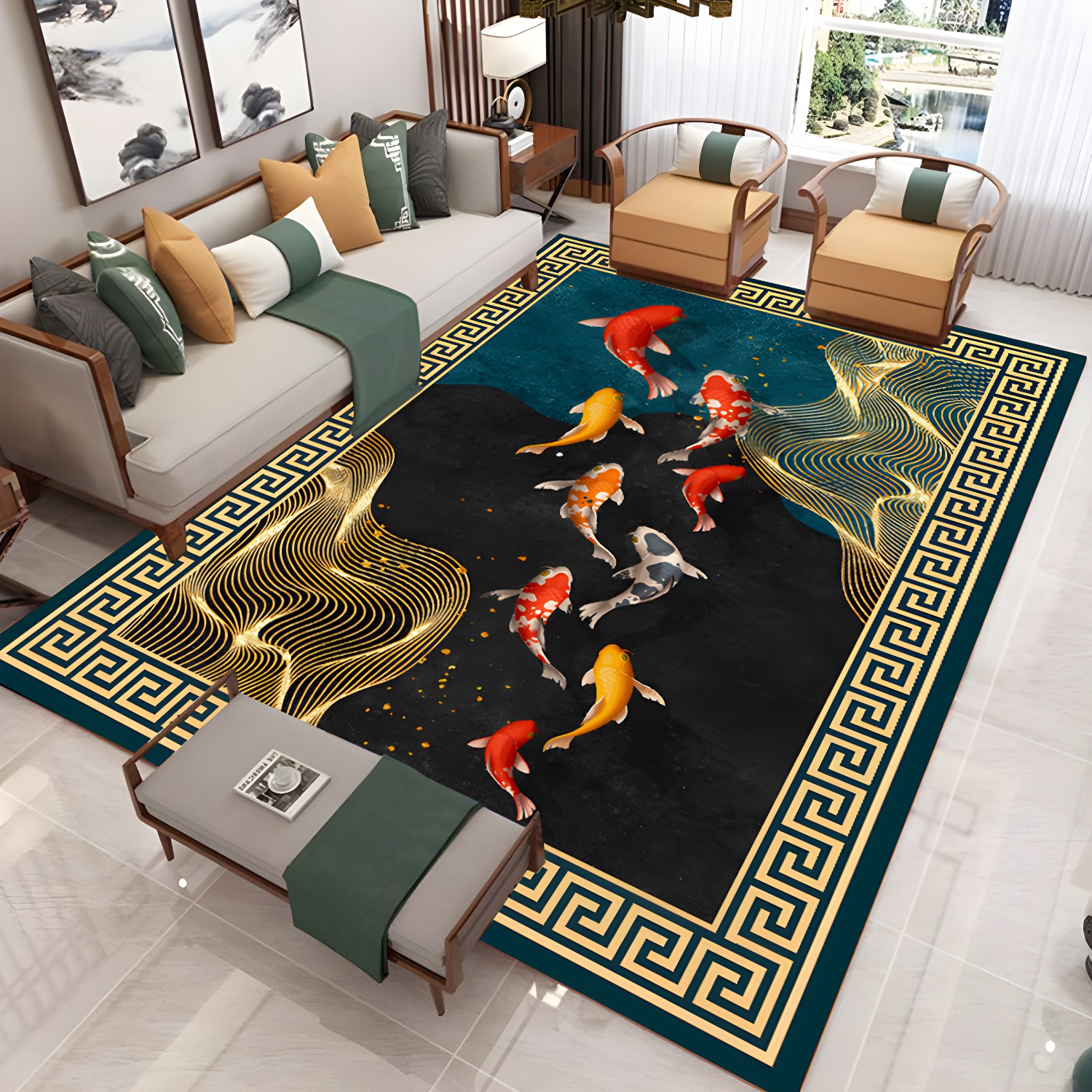 Art Deco Multicolour Asian Rug Synthetics Floral Print Carpet Machine Washable Pet-Friendly Anti-Slip Rug for Sitting Room