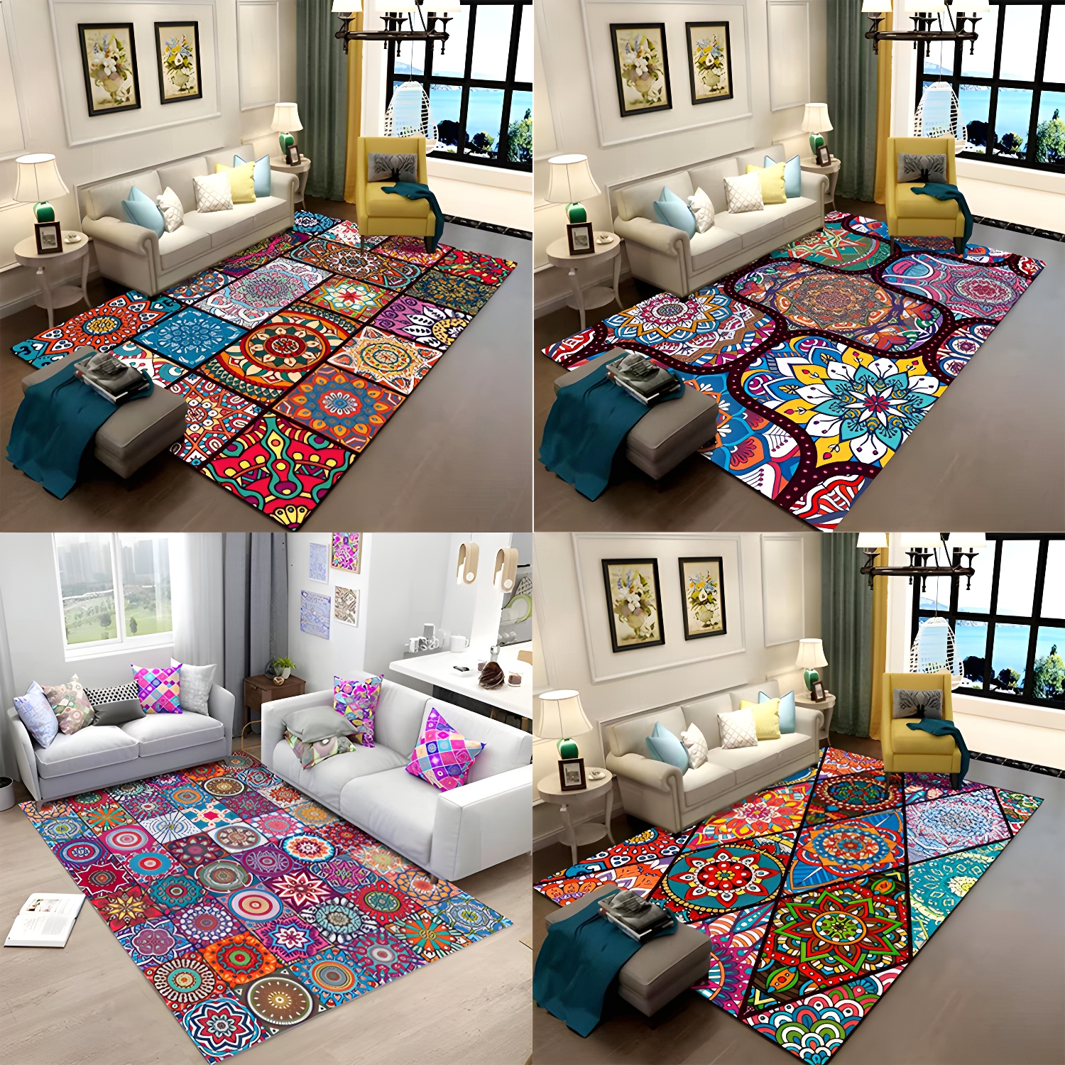 Oriental Floral Print Rug Multi Colour Cotton Blend Area Carpet Non-Slip Backing Pet Friendly Indoor Rug for Living Room