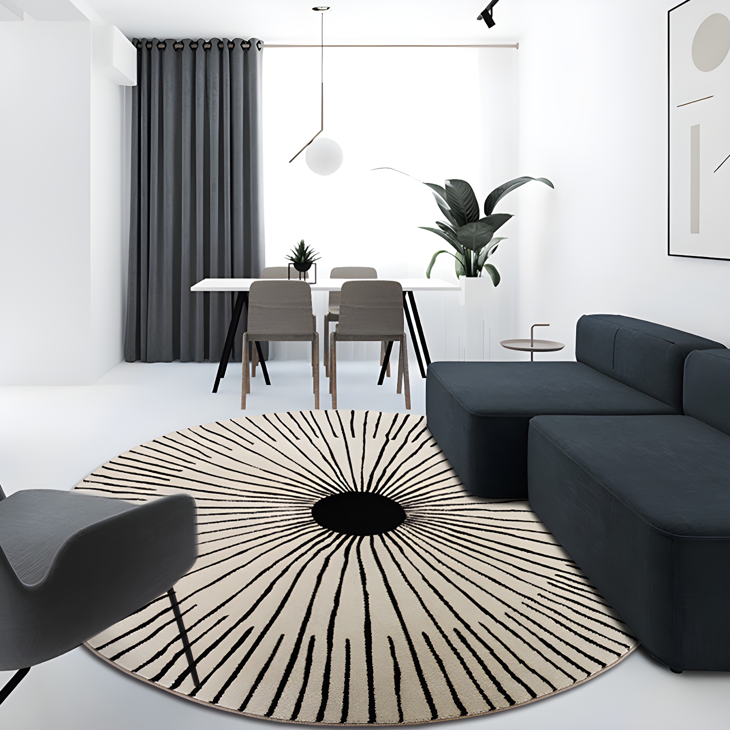 Round Simple Lines Rug Modern Polyester Indoor Carpet Stain Resistant Area Rug for Living Room