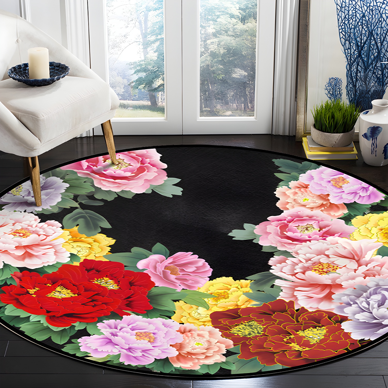 Multicoloured Flower Pattern Indoor Rug Modern Aesthetic Polyester Rug Round Stain Resistant Carpet for Living Room