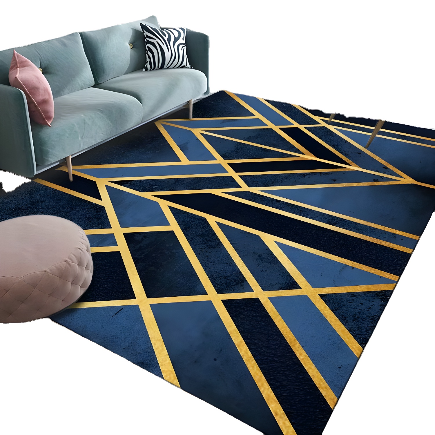 Trendy Blue and Green Rug Contemporary Geometric Pattern Area Carpet Luxury Polyester Stain Resistant Rug for Home Decor