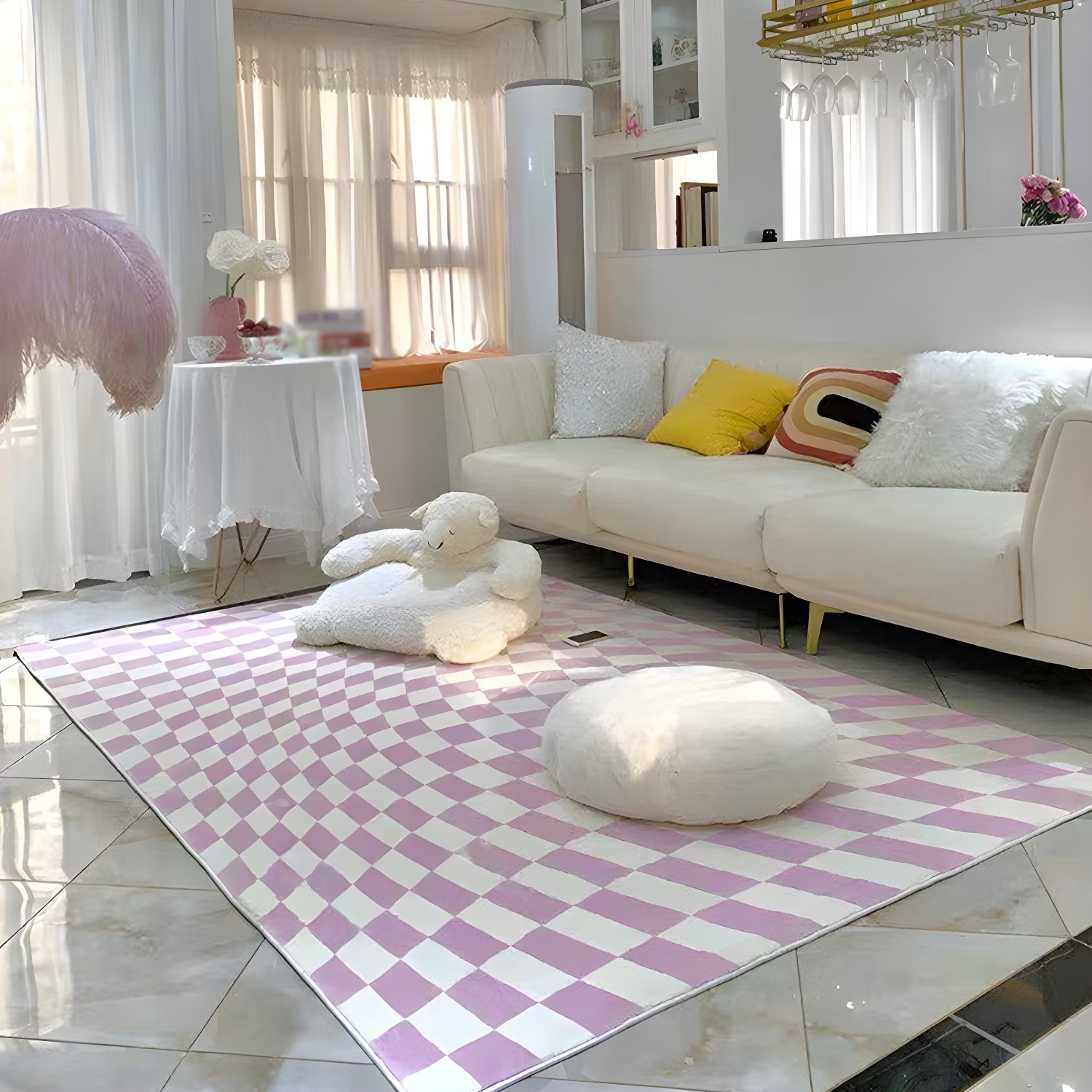 Colourful Checkered Rug Contemporary Indoor Carpet Polyester Non-Slip Backing Rug for Home Decor
