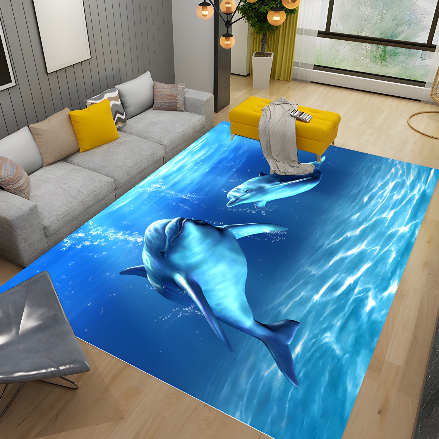 Creative Underwater World Rug Modern 3D Effect Carpet Non-Slip Backing Carpet for Home Decor