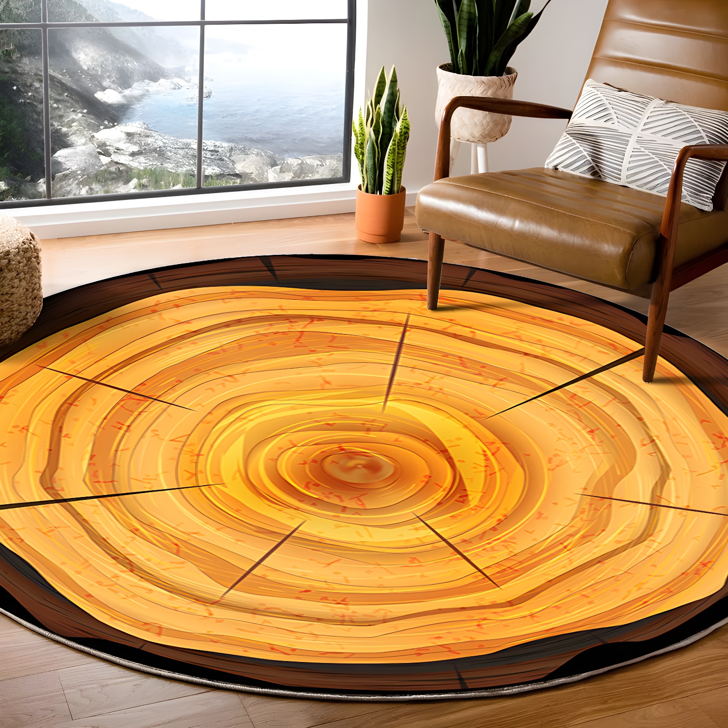 Natural Growth Ring Rug Trendy 3D Effect Carpet Polyester Anti-Slip Backing Rug for Living Room